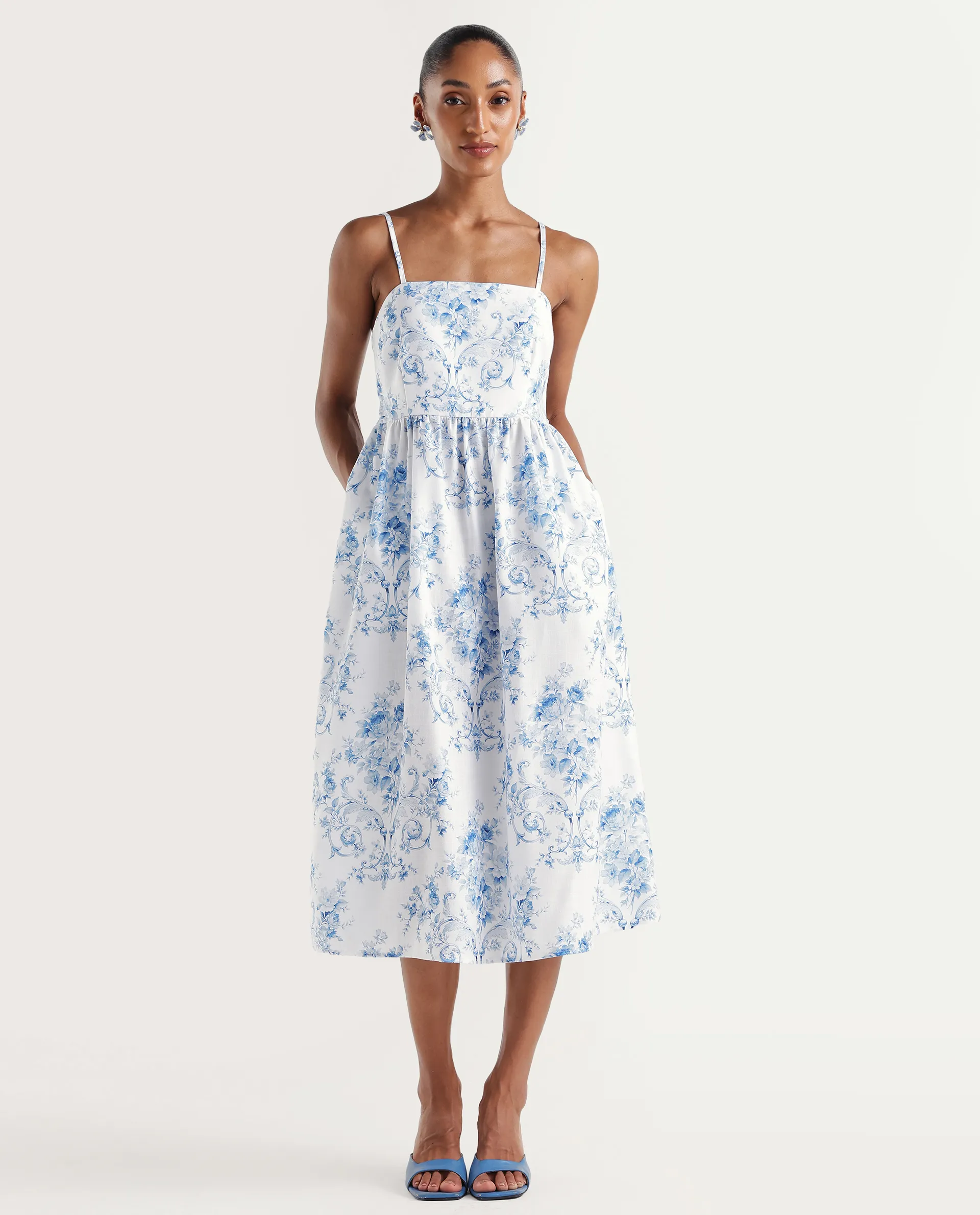 Rareism Women's Vaniko Light Blue Polyester Tube Neck Fit And Flare Floral Print Dress - Image 2