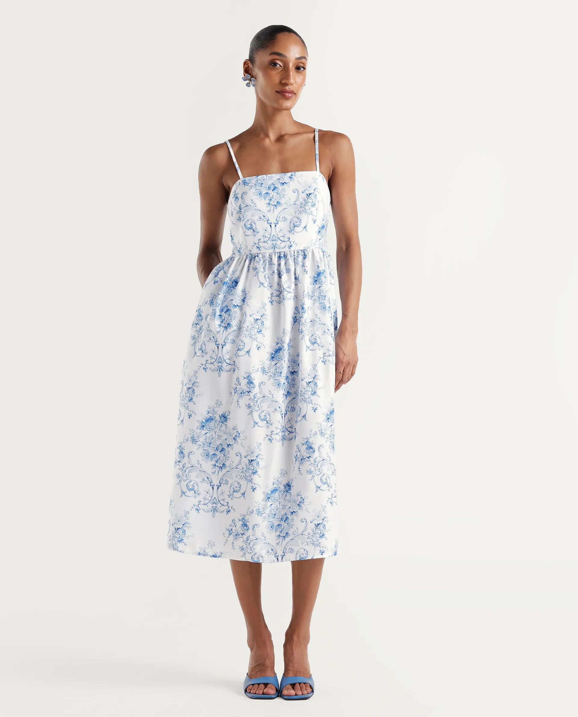 Rareism Women's Vaniko Light Blue Polyester Tube Neck Fit And Flare Floral Print Dress - Image 4
