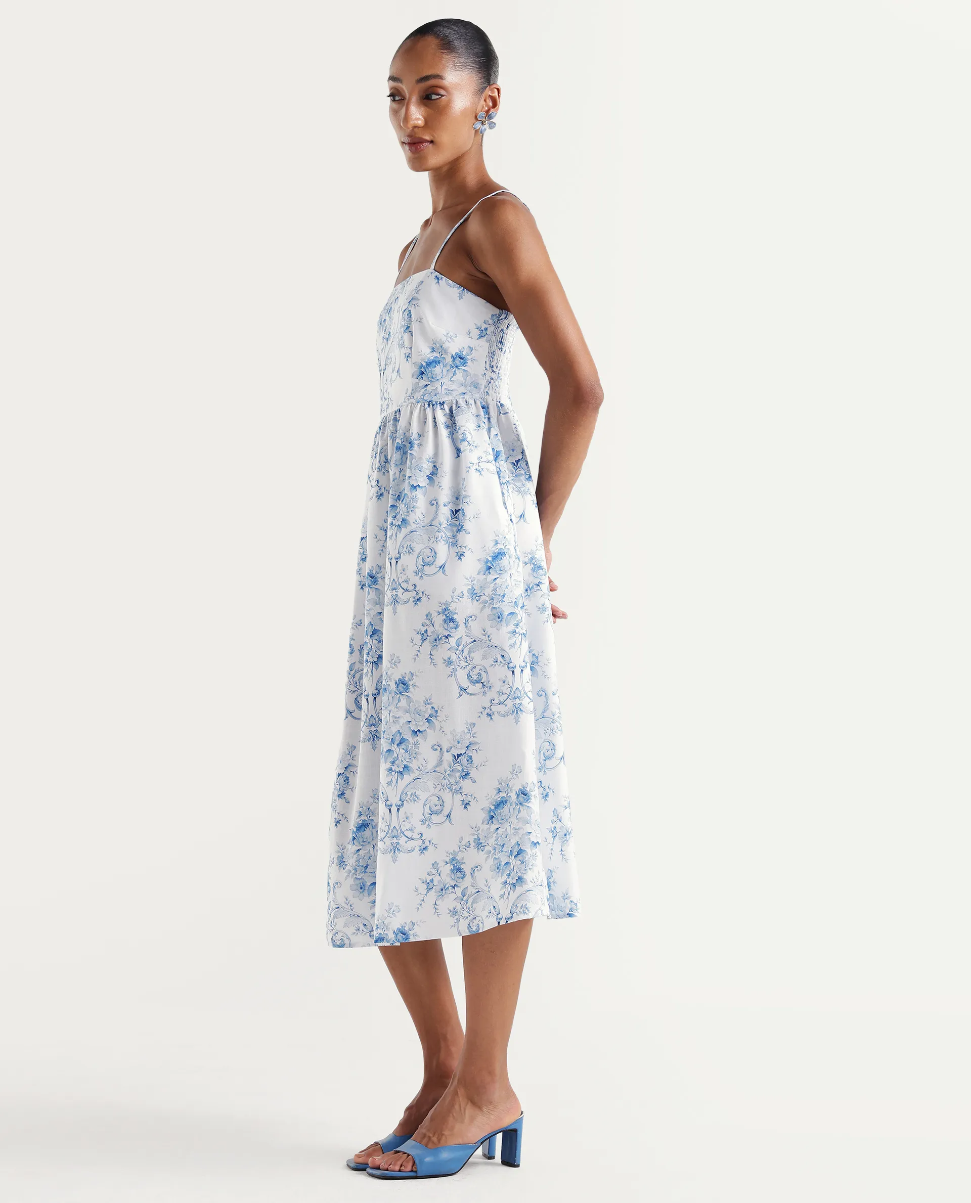 Rareism Women's Vaniko Light Blue Polyester Tube Neck Fit And Flare Floral Print Dress - Image 5