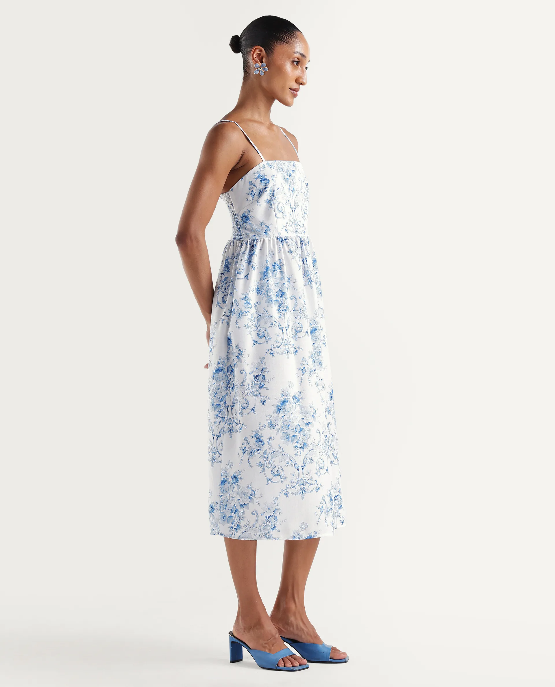 Rareism Women's Vaniko Light Blue Polyester Tube Neck Fit And Flare Floral Print Dress - Image 6