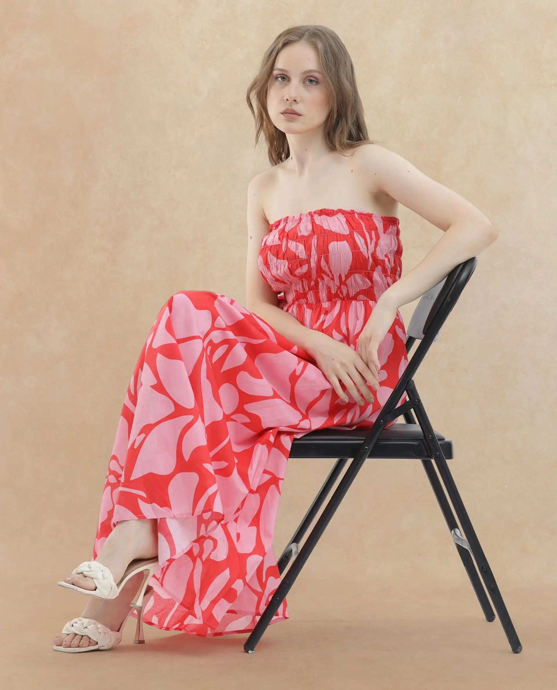 Rareism Women's Vanka Red Cotton Shoulder Strap Floral Print Shoulder Strap Maxi Fit And Flare Dress - Image 2