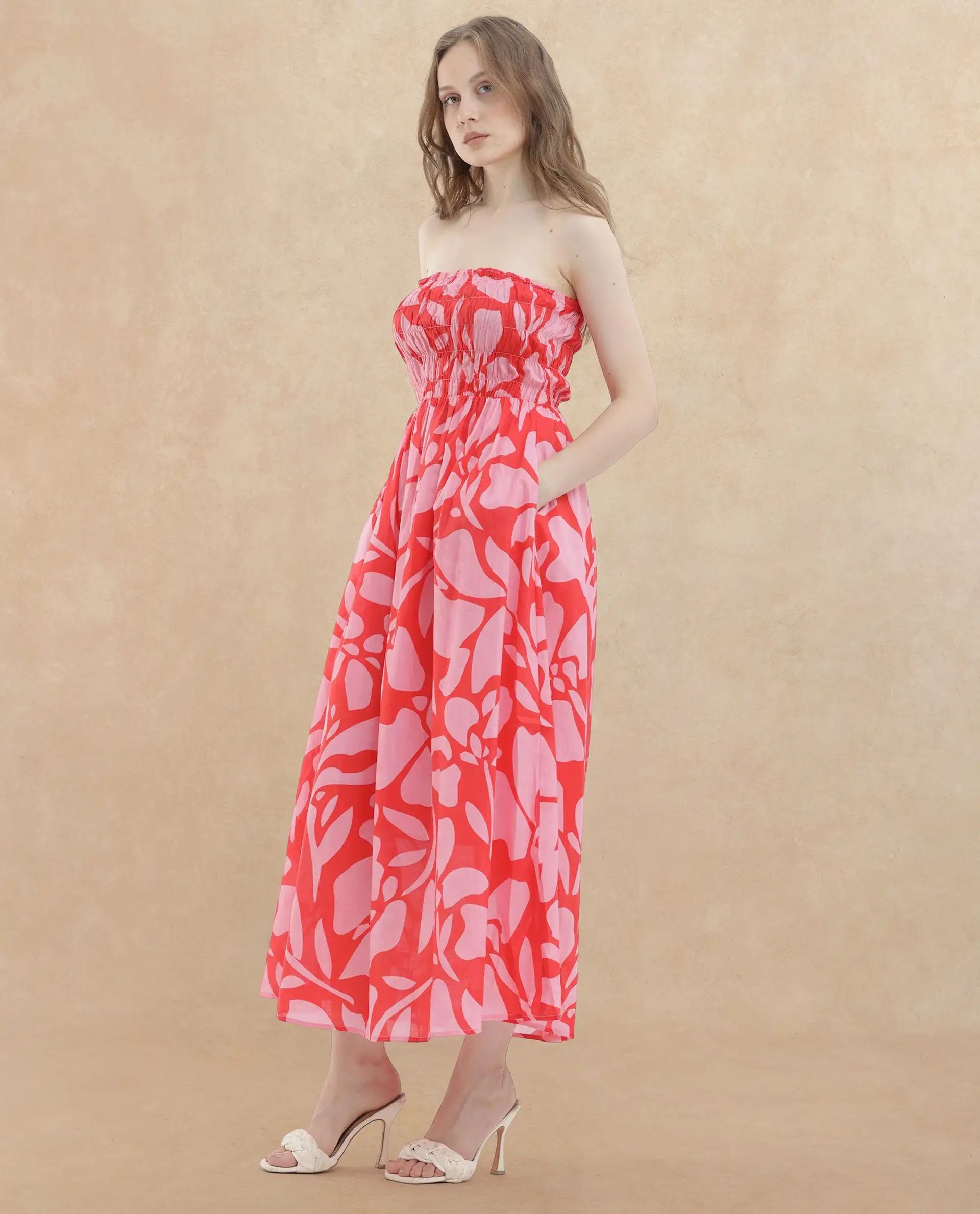 Rareism Women's Vanka Red Cotton Shoulder Strap Floral Print Shoulder Strap Maxi Fit And Flare Dress - Image 3