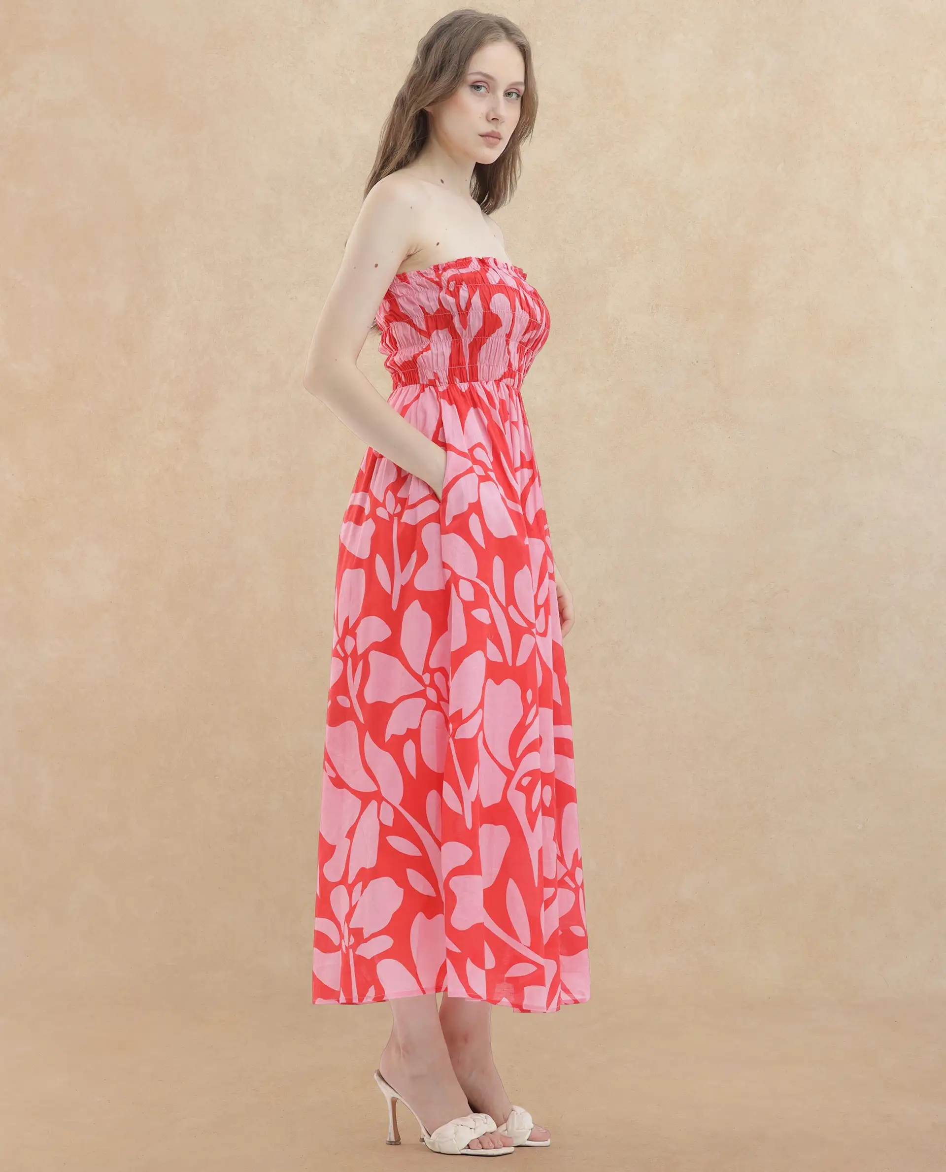Rareism Women's Vanka Red Cotton Shoulder Strap Floral Print Shoulder Strap Maxi Fit And Flare Dress - Image 4