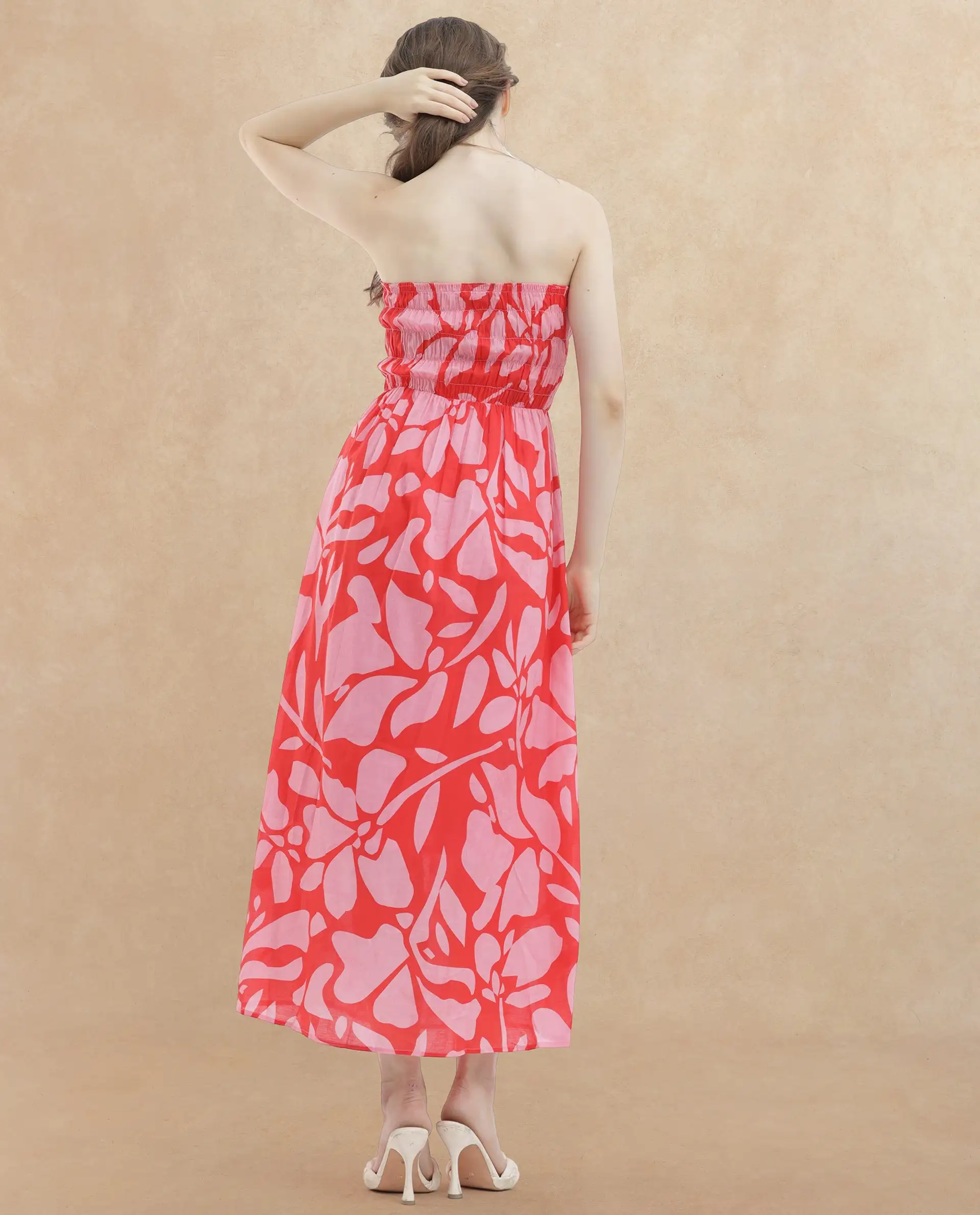 Rareism Women's Vanka Red Cotton Shoulder Strap Floral Print Shoulder Strap Maxi Fit And Flare Dress - Image 6