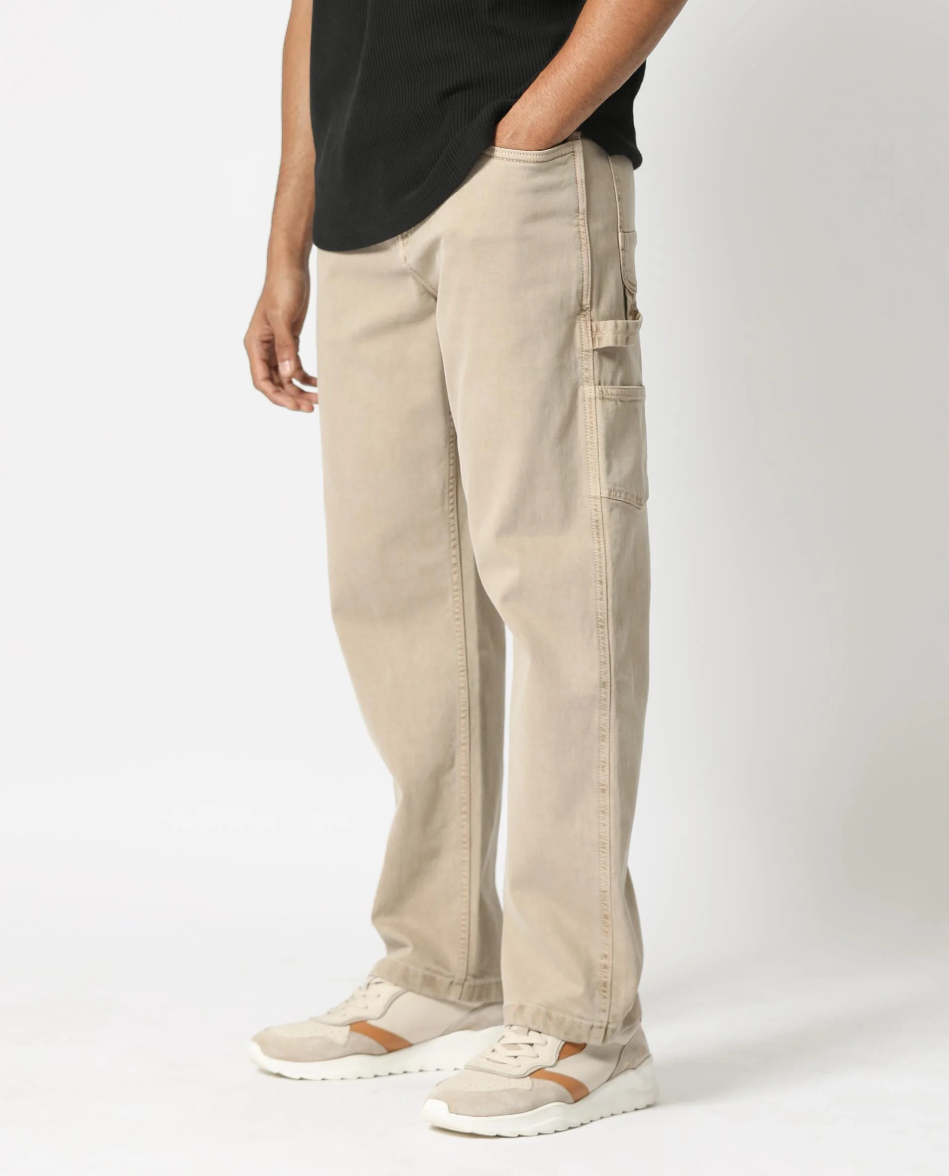Rare Rabbit Men's Vannes Beige Cotton Plain Carpenter Fit Jeans