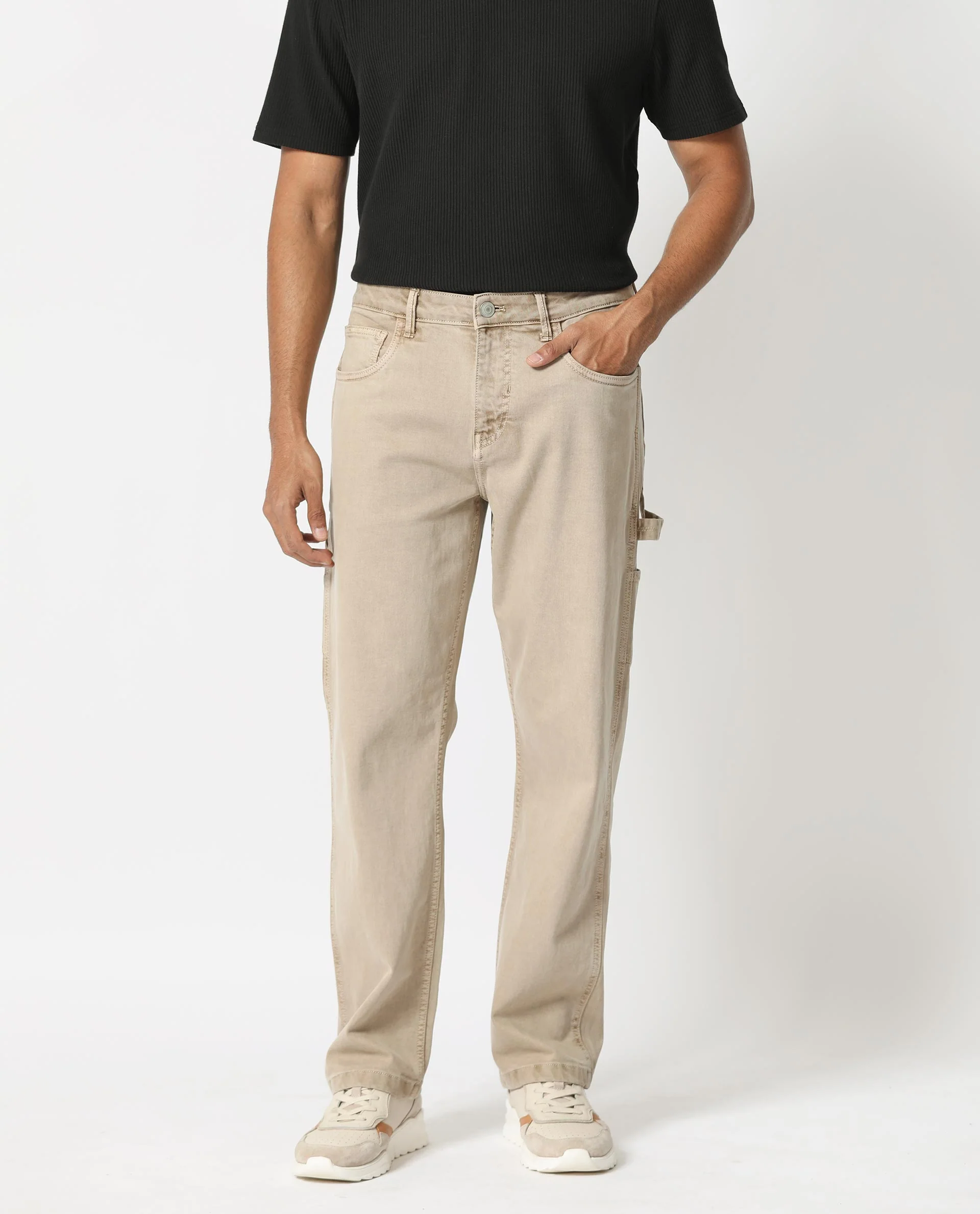 Rare Rabbit Men's Vannes Beige Cotton Plain Carpenter Fit Jeans - Image 5