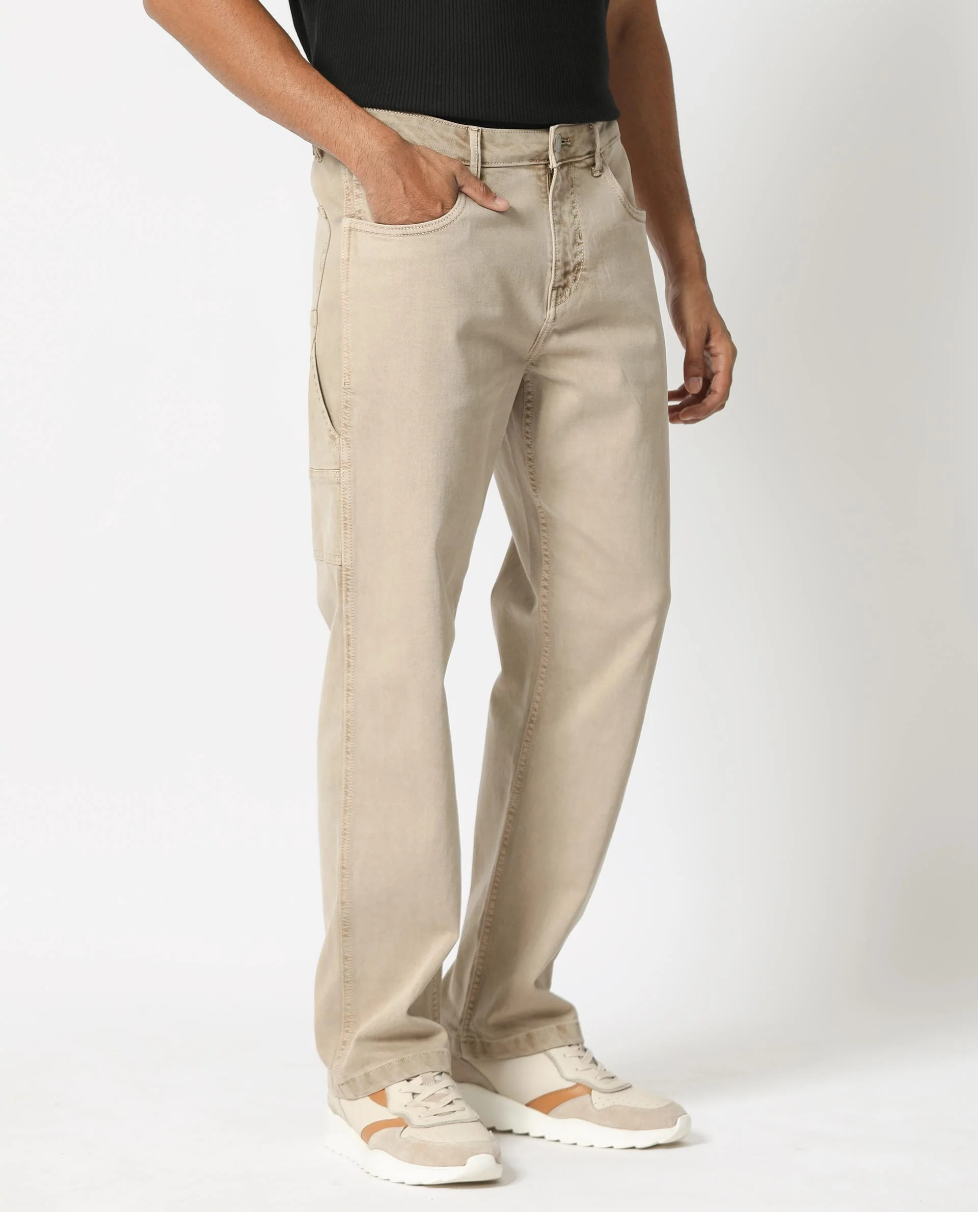 Rare Rabbit Men's Vannes Beige Cotton Plain Carpenter Fit Jeans - Image 9