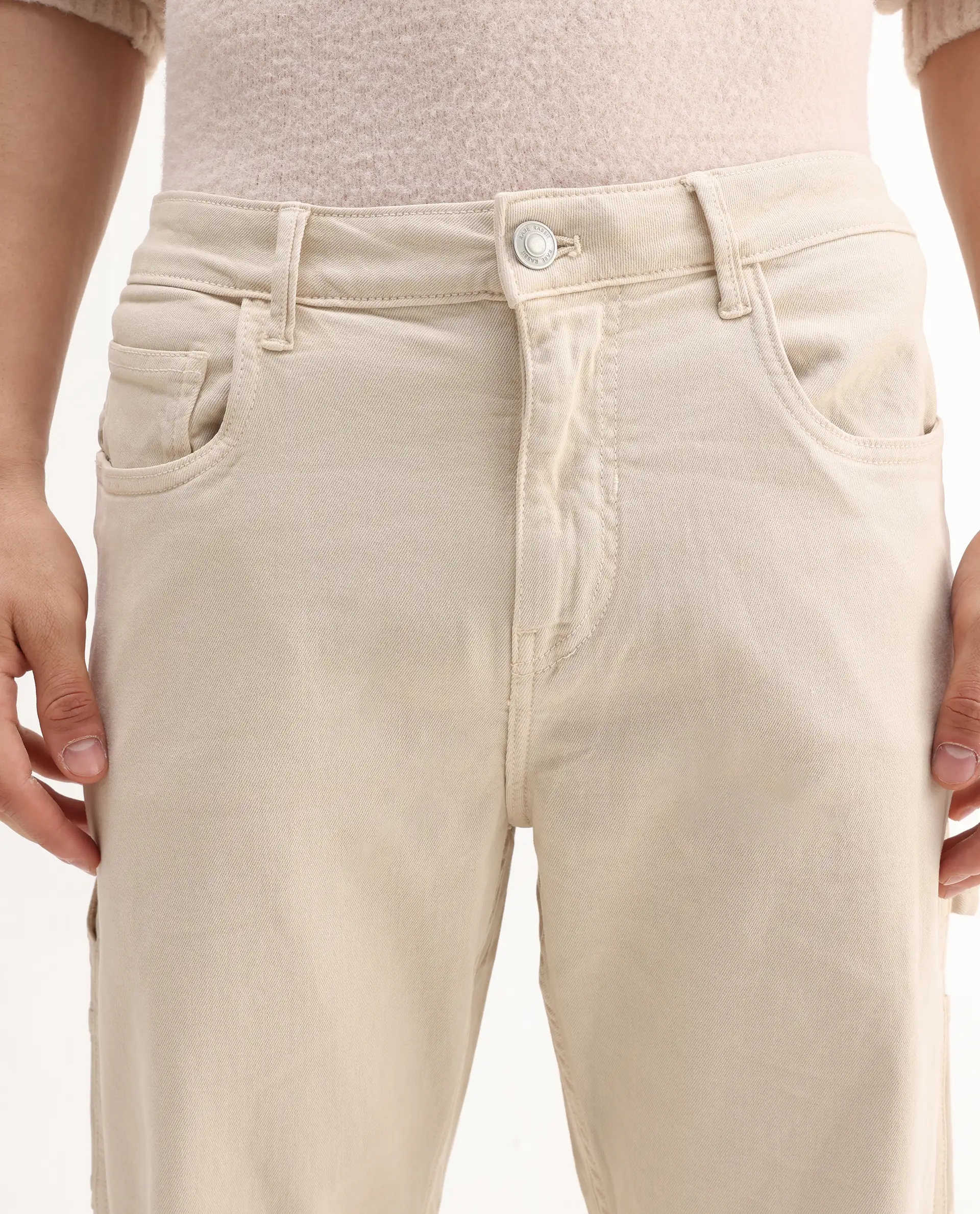 Rare Rabbit Men's Vannes Off White Cotton Plain Carpenter Fit Jeans - Image 3