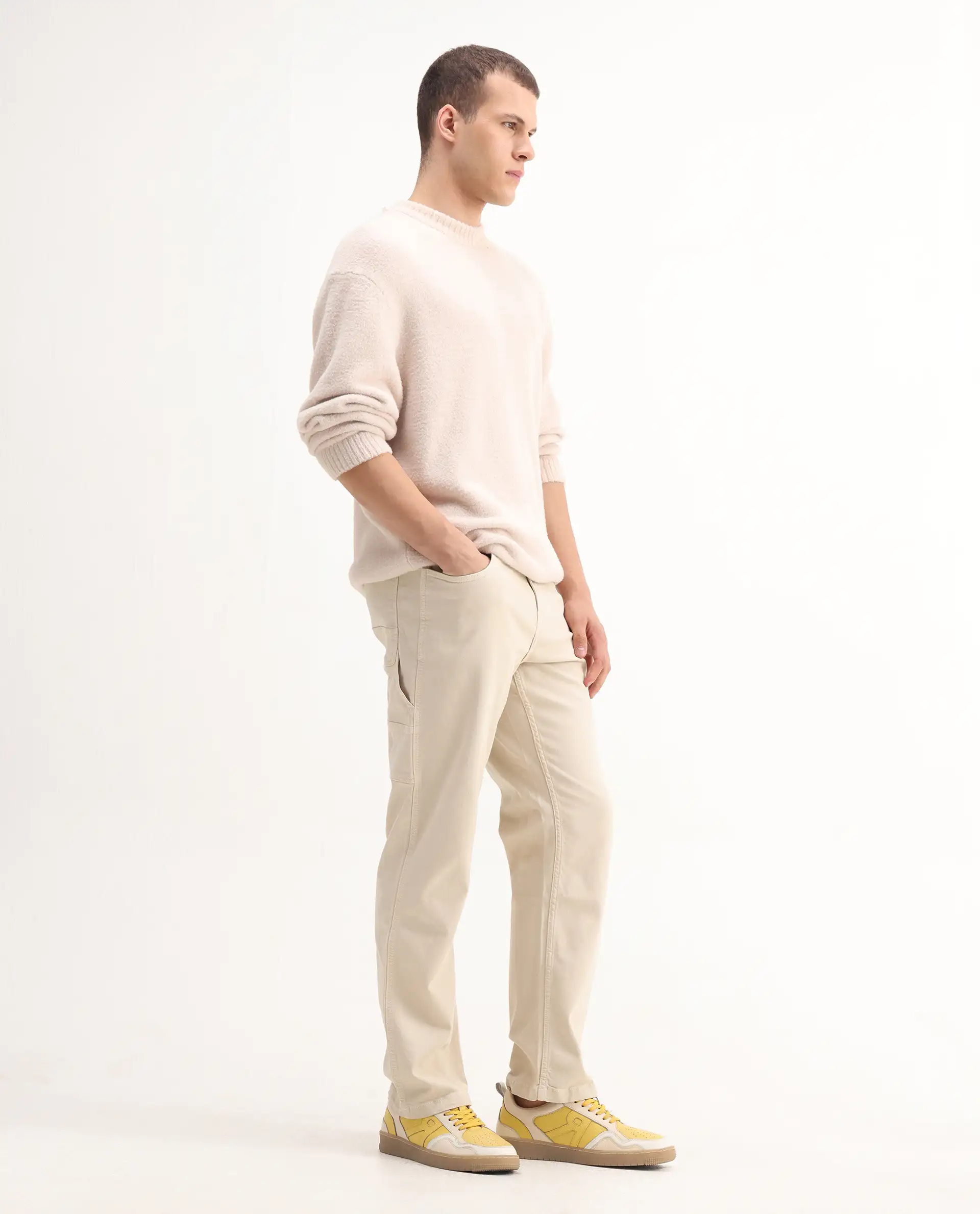 Rare Rabbit Men's Vannes Off White Cotton Plain Carpenter Fit Jeans - Image 9