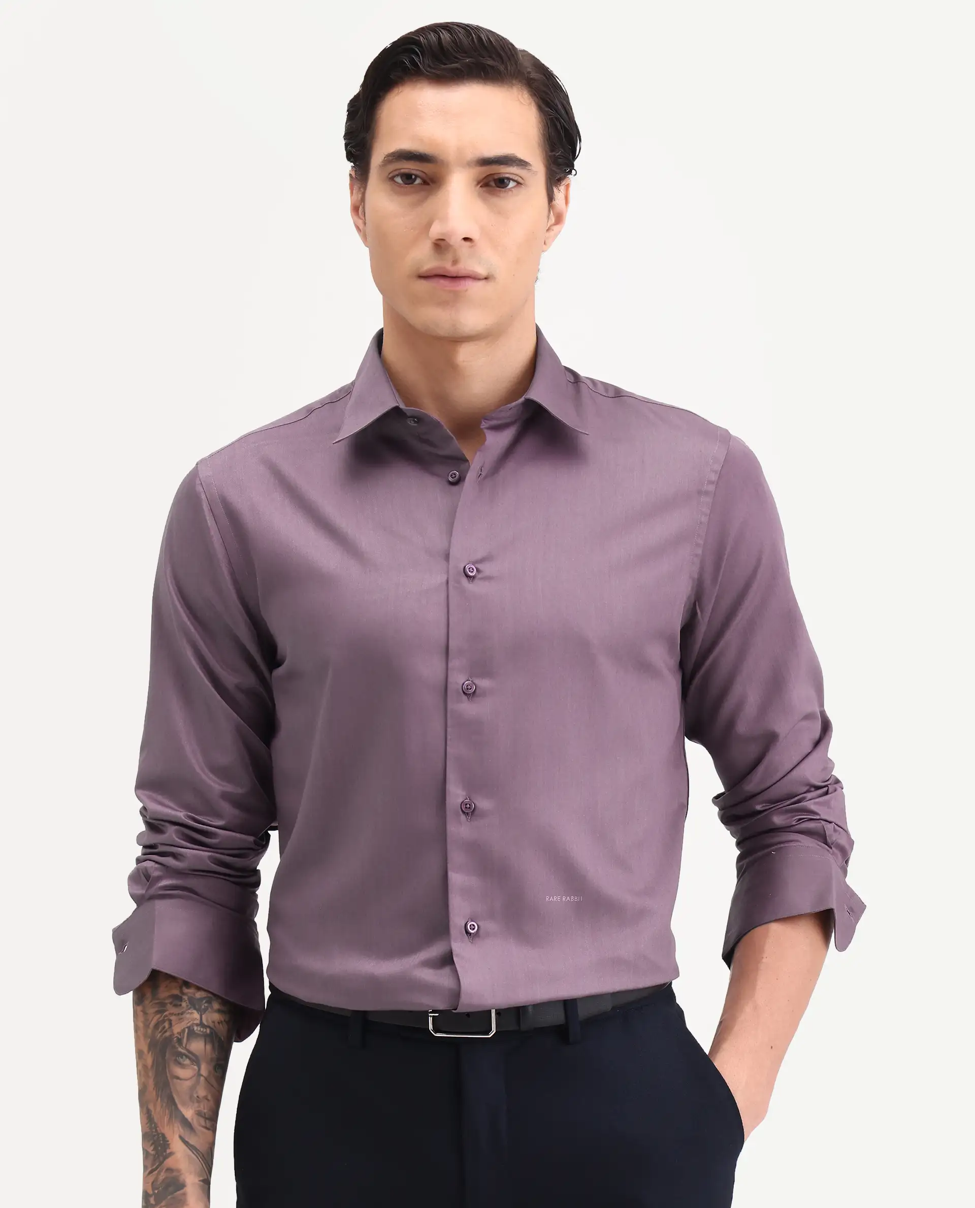 Rare Rabbit Men's Vansh Dark Purple Polyester Blend Fabric Spread Collar Regular Fit Plain Shirt - Image 4