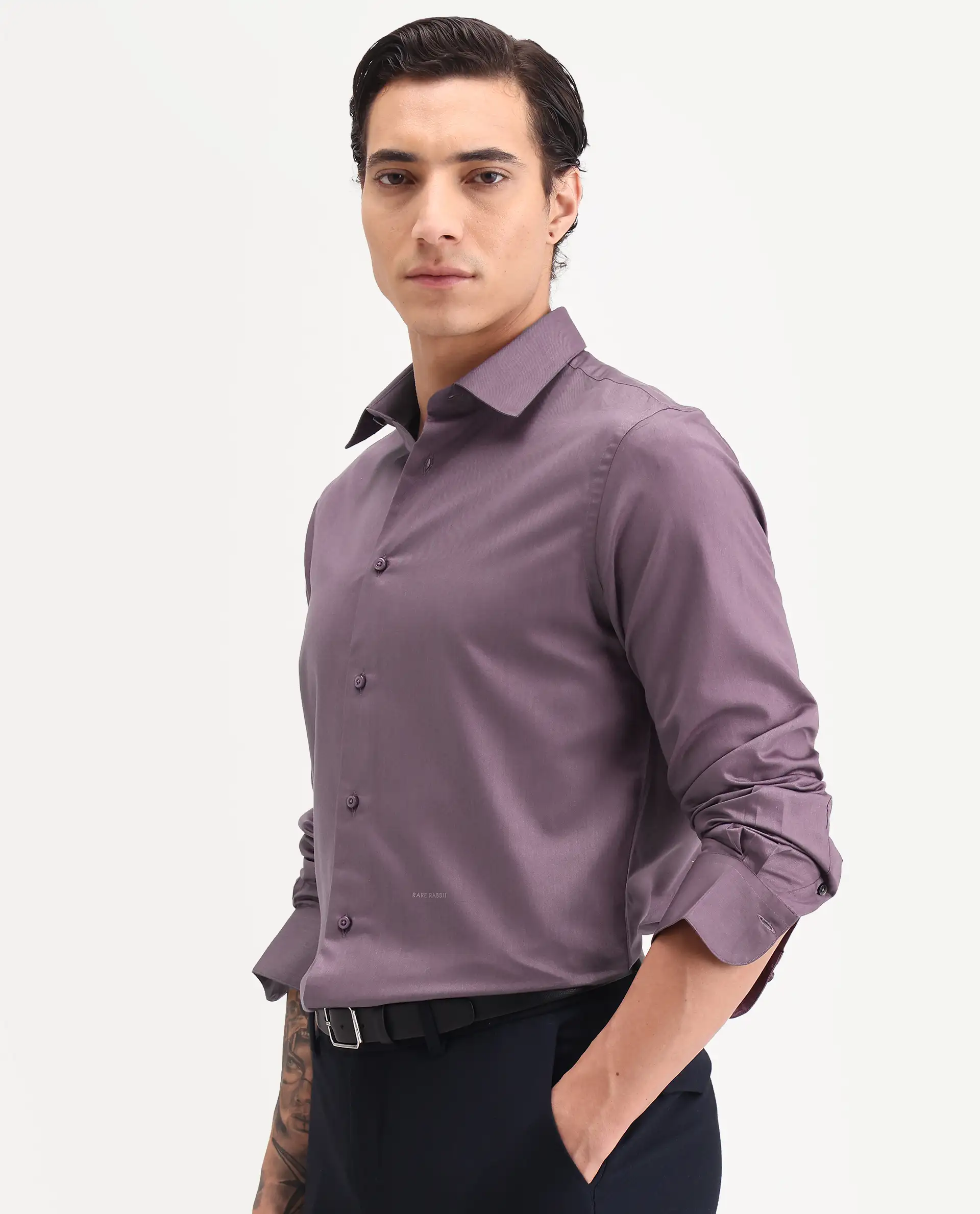 Rare Rabbit Men's Vansh Dark Purple Polyester Blend Fabric Spread Collar Regular Fit Plain Shirt - Image 5