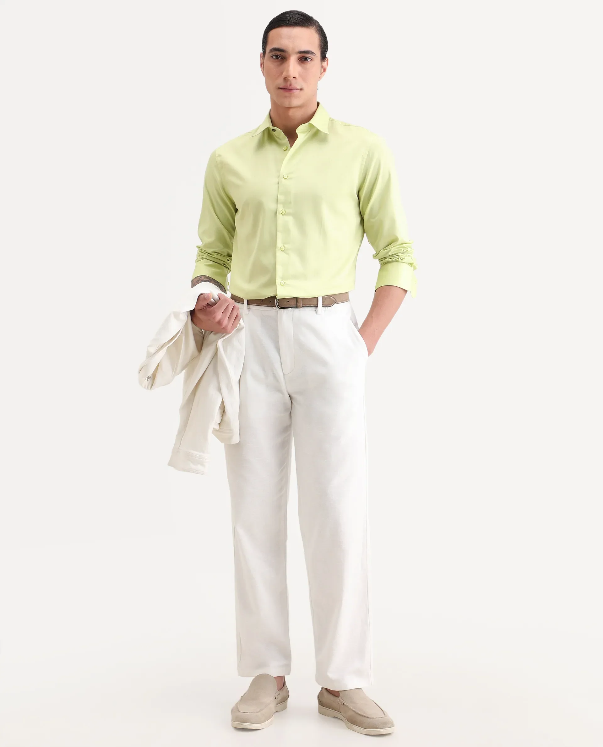 Rare Rabbit Men's Vansh Flouroscent Green Polyester Blend Fabric Spread Collar Regular Fit Plain Shirt - Image 2