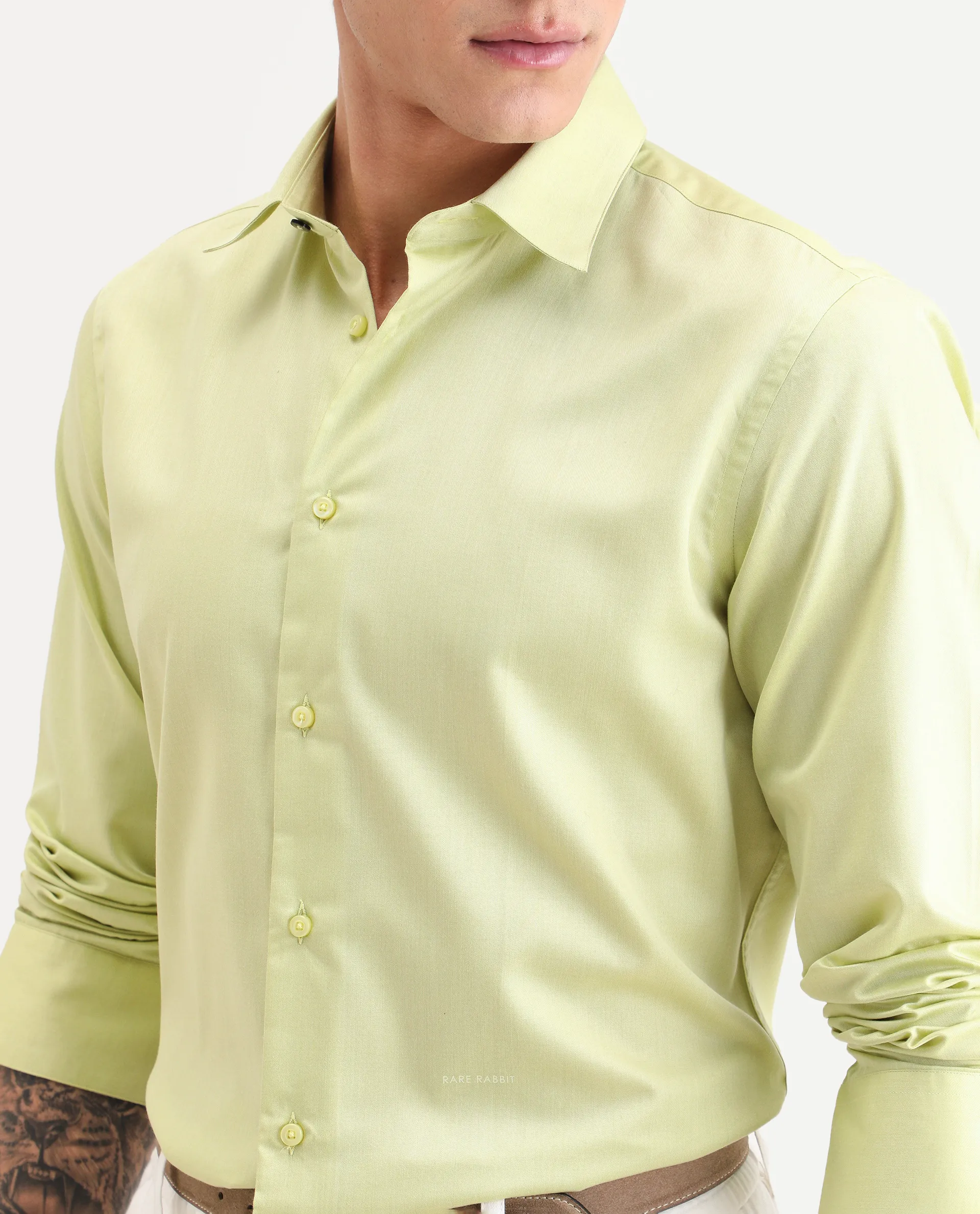 Rare Rabbit Men's Vansh Flouroscent Green Polyester Blend Fabric Spread Collar Regular Fit Plain Shirt - Image 3