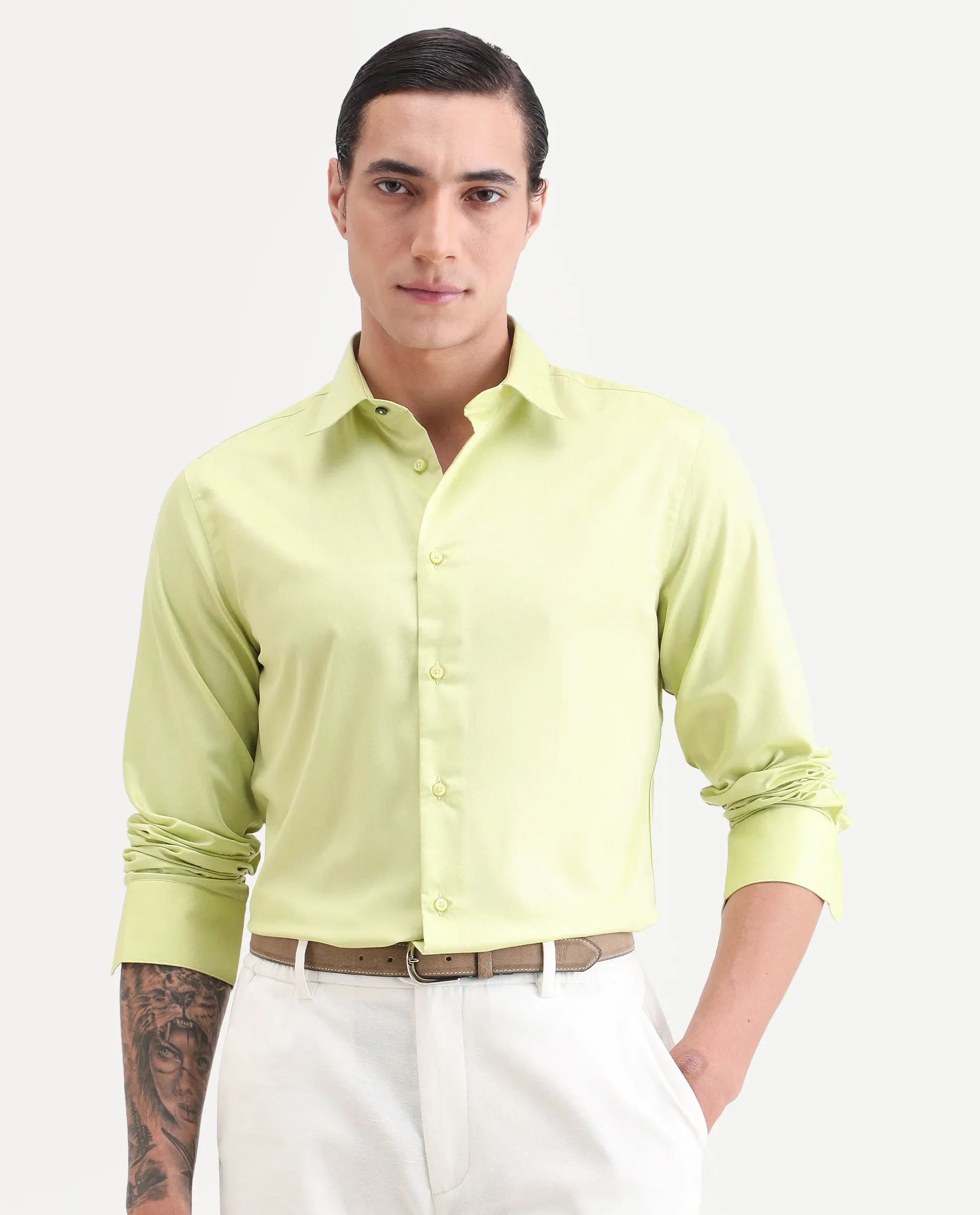 Rare Rabbit Men's Vansh Flouroscent Green Polyester Blend Fabric Spread Collar Regular Fit Plain Shirt - Image 4