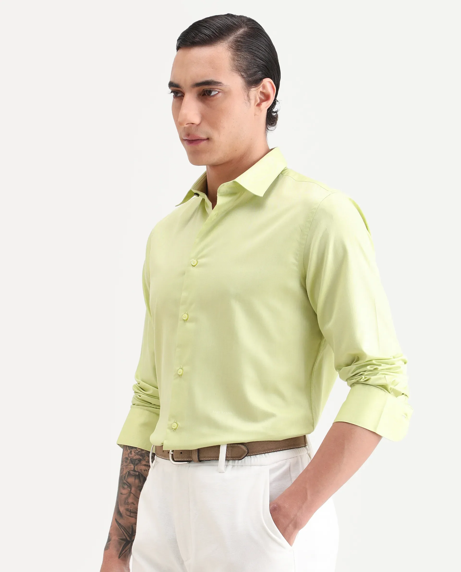 Rare Rabbit Men's Vansh Flouroscent Green Polyester Blend Fabric Spread Collar Regular Fit Plain Shirt - Image 5