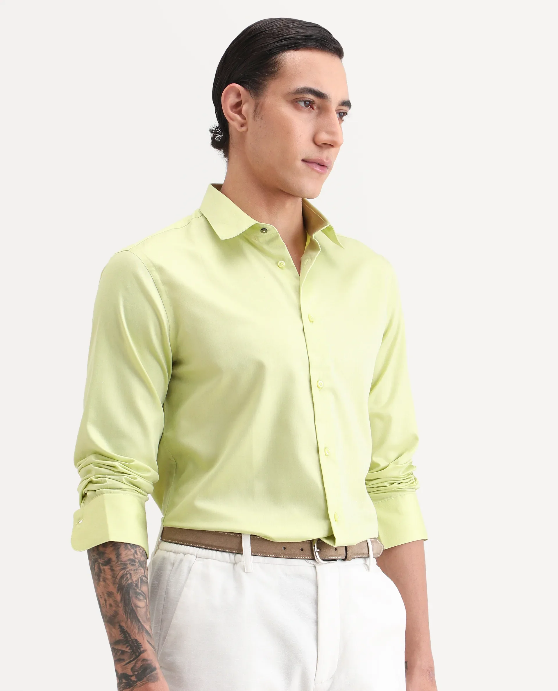 Rare Rabbit Men's Vansh Flouroscent Green Polyester Blend Fabric Spread Collar Regular Fit Plain Shirt - Image 6
