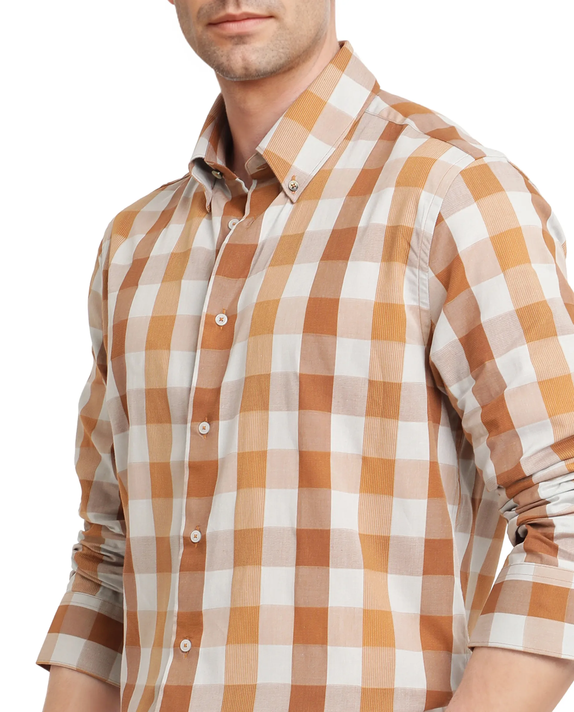 Rare Rabbit Men's Vanta Dusky Mustard Cotton Checked Print Regular Fit Full Sleeve Collared Shirt - Image 2