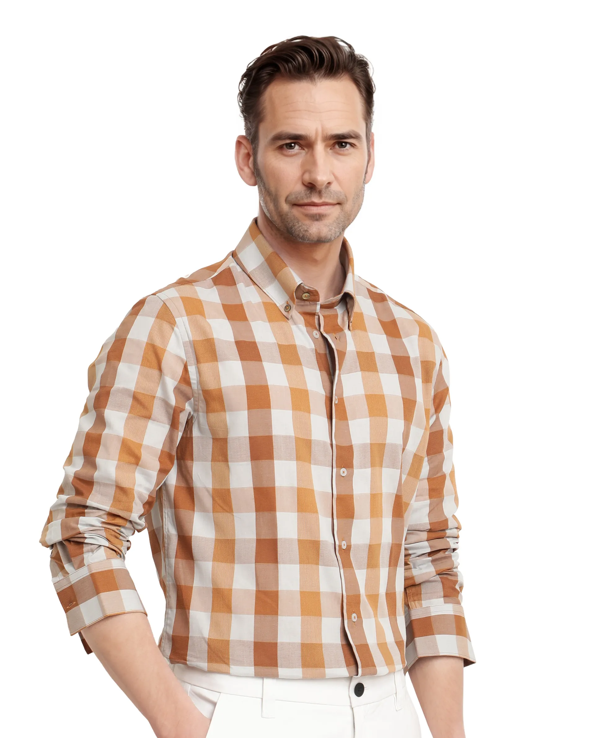 Rare Rabbit Men's Vanta Dusky Mustard Cotton Checked Print Regular Fit Full Sleeve Collared Shirt - Image 4