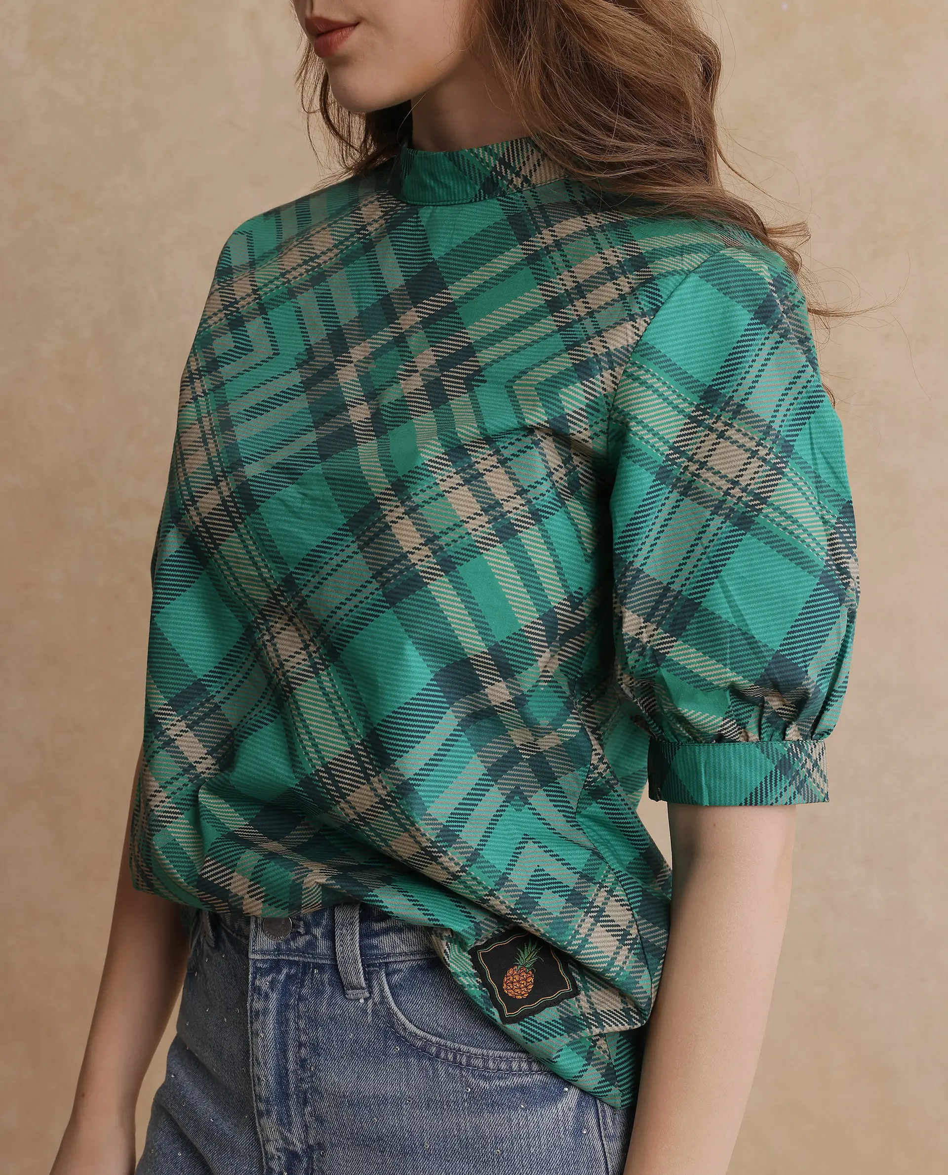 Rareism Women's Vante Green Cotton Mandarin Collar Flannel Print Puff Sleeves Regular Fit Top - Image 2