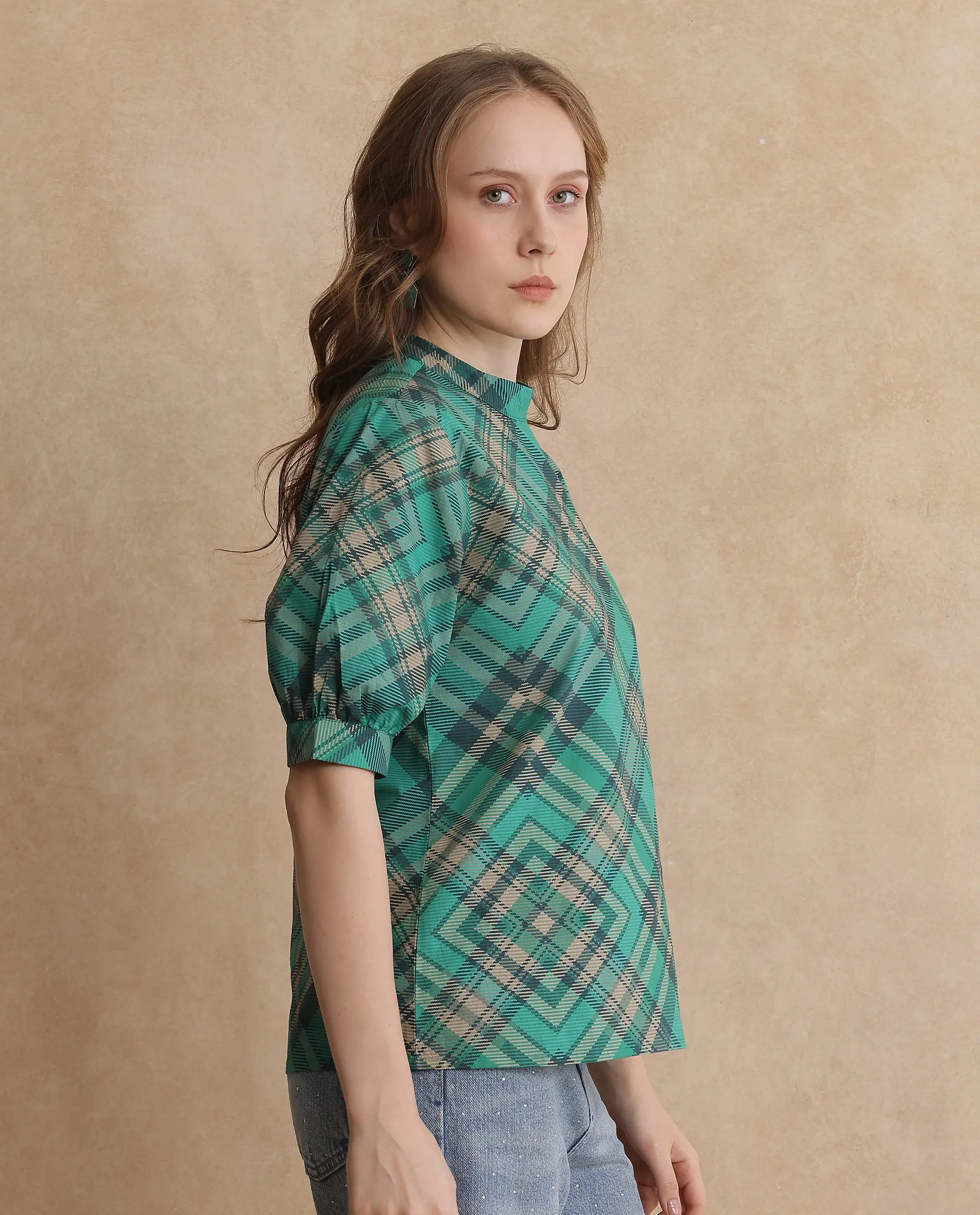 Rareism Women's Vante Green Cotton Mandarin Collar Flannel Print Puff Sleeves Regular Fit Top - Image 3