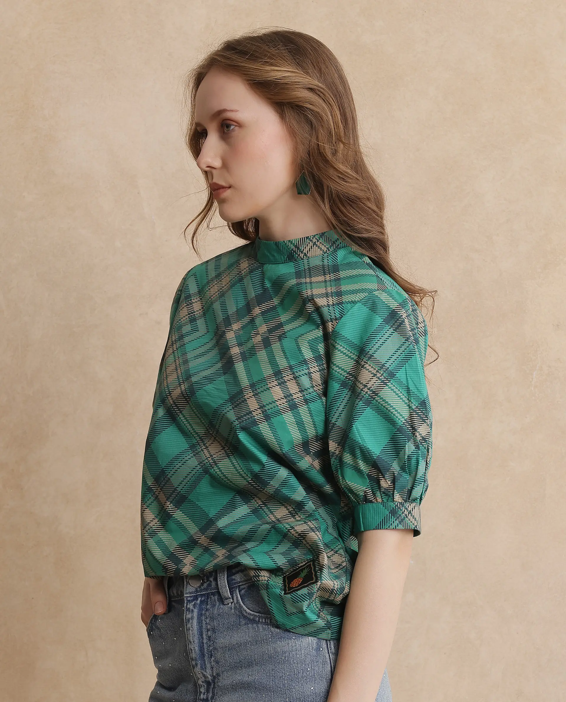 Rareism Women's Vante Green Cotton Mandarin Collar Flannel Print Puff Sleeves Regular Fit Top - Image 4