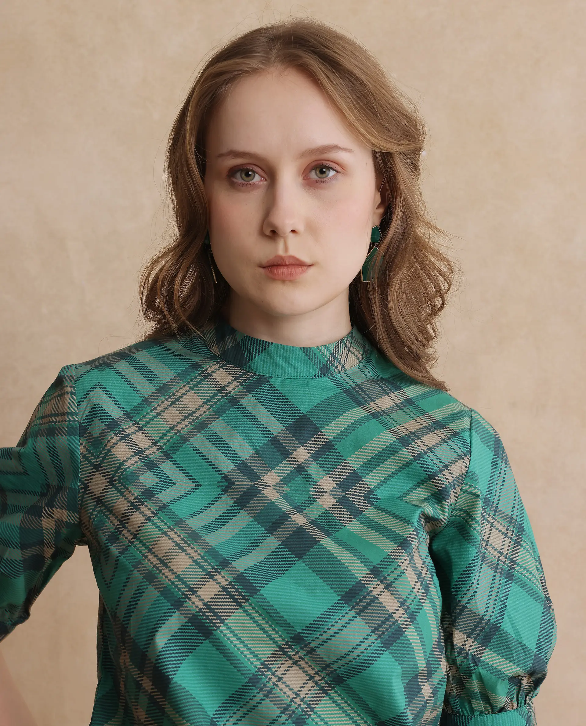 Rareism Women's Vante Green Cotton Mandarin Collar Flannel Print Puff Sleeves Regular Fit Top - Image 5