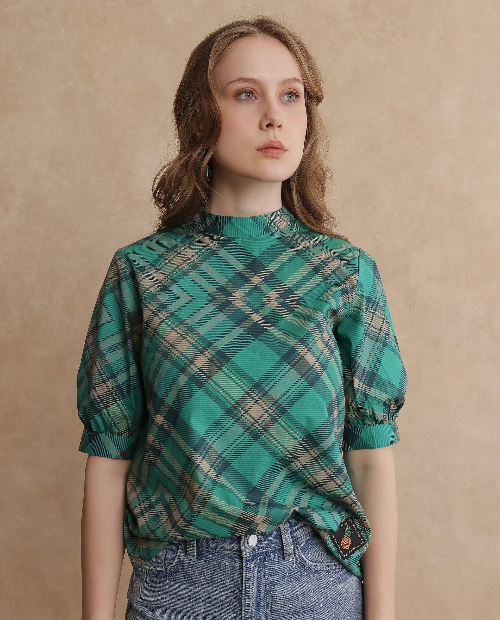 Rareism Women's Vante Green Cotton Mandarin Collar Flannel Print Puff Sleeves Regular Fit Top - Image 7