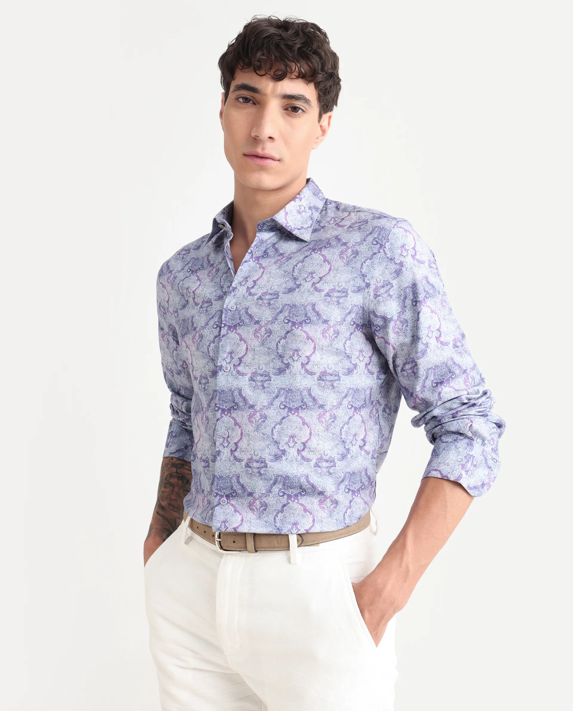 Rare Rabbit Men's Vanto 2 Dusky Blue Cotton Blend Paisley Print Regular Fit Full Sleeve Collared Shirt