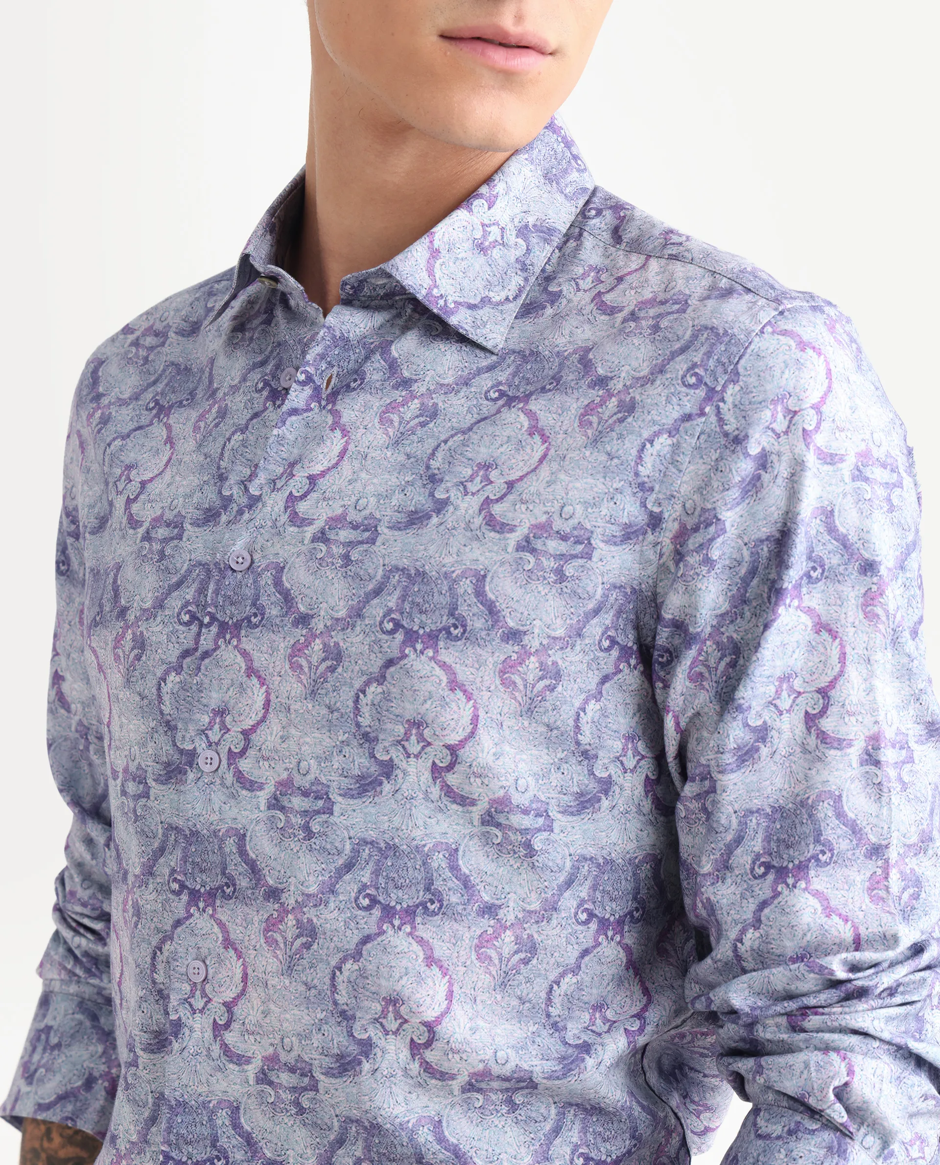 Rare Rabbit Men's Vanto 2 Dusky Blue Cotton Blend Paisley Print Regular Fit Full Sleeve Collared Shirt - Image 3