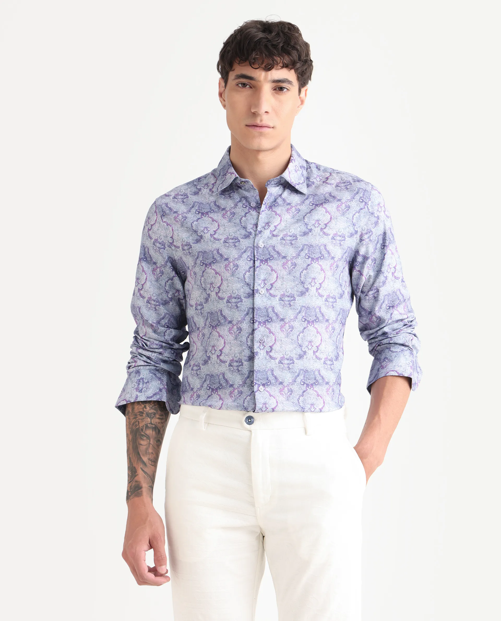 Rare Rabbit Men's Vanto 2 Dusky Blue Cotton Blend Paisley Print Regular Fit Full Sleeve Collared Shirt - Image 4