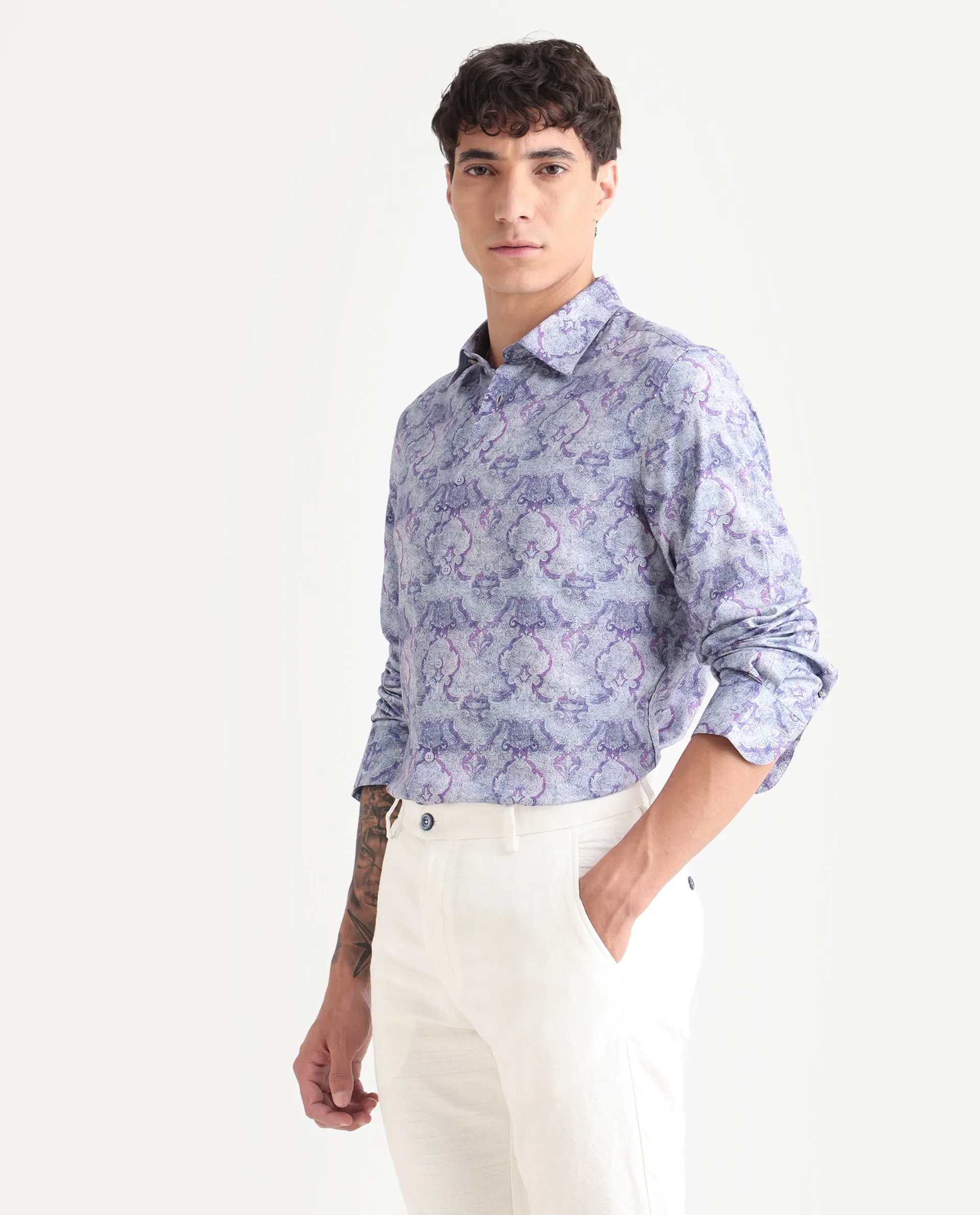 Rare Rabbit Men's Vanto 2 Dusky Blue Cotton Blend Paisley Print Regular Fit Full Sleeve Collared Shirt - Image 5