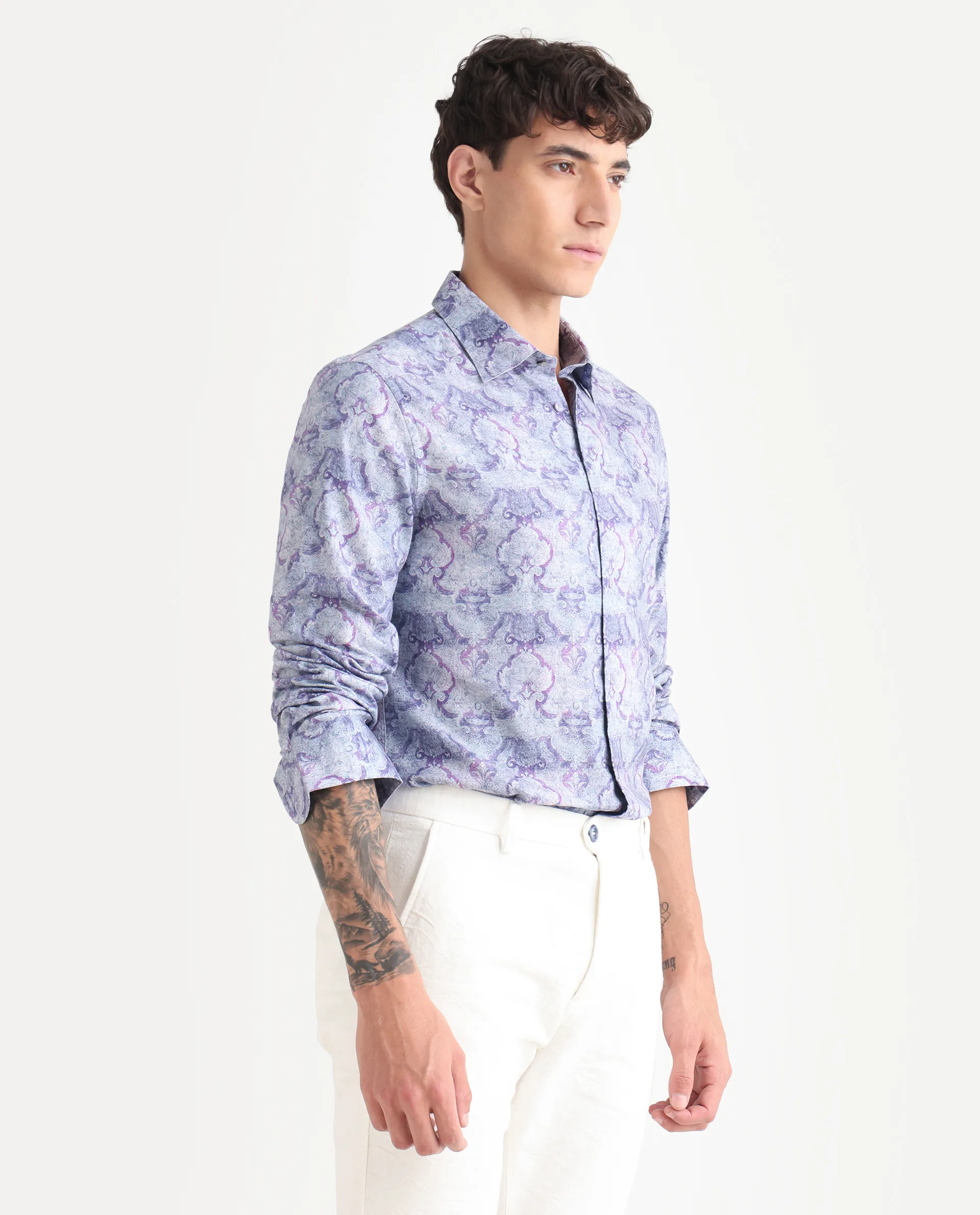 Rare Rabbit Men's Vanto 2 Dusky Blue Cotton Blend Paisley Print Regular Fit Full Sleeve Collared Shirt - Image 6