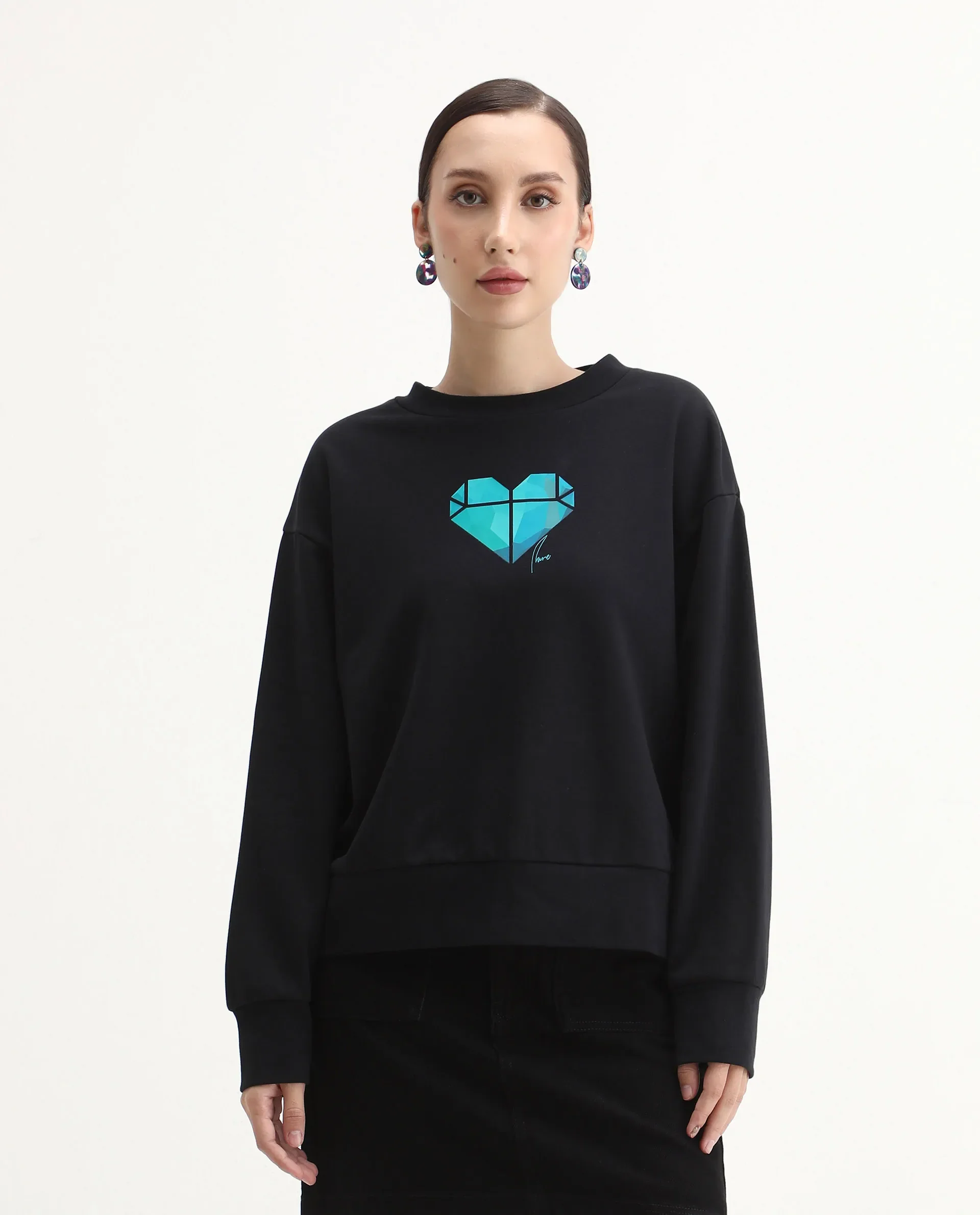 Rareism Women's Vaq Black Cotton Blend Fabric Crew Neck Relaxed Fit Graphic Print Sweatshirt - Image 2