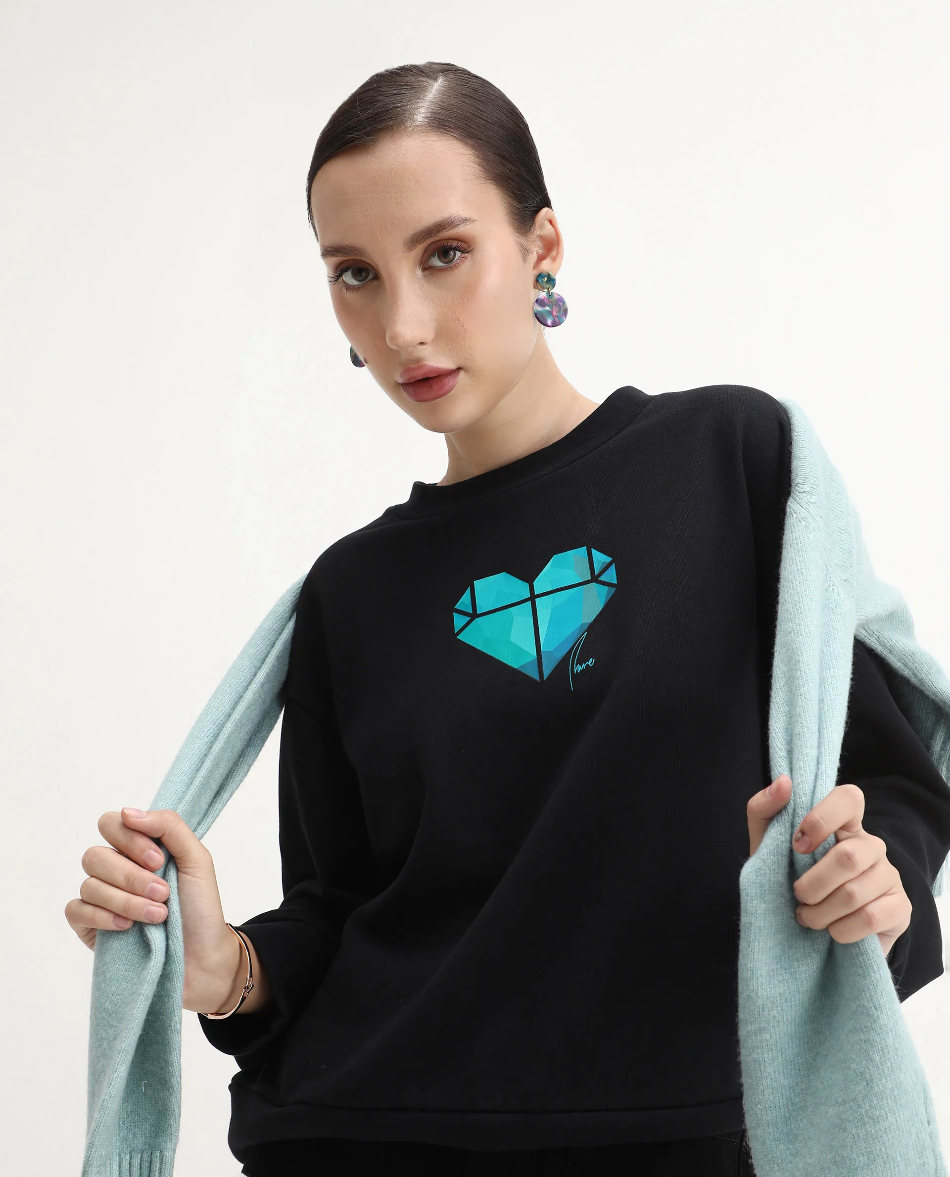 Rareism Women's Vaq Black Cotton Blend Fabric Crew Neck Relaxed Fit Graphic Print Sweatshirt - Image 3