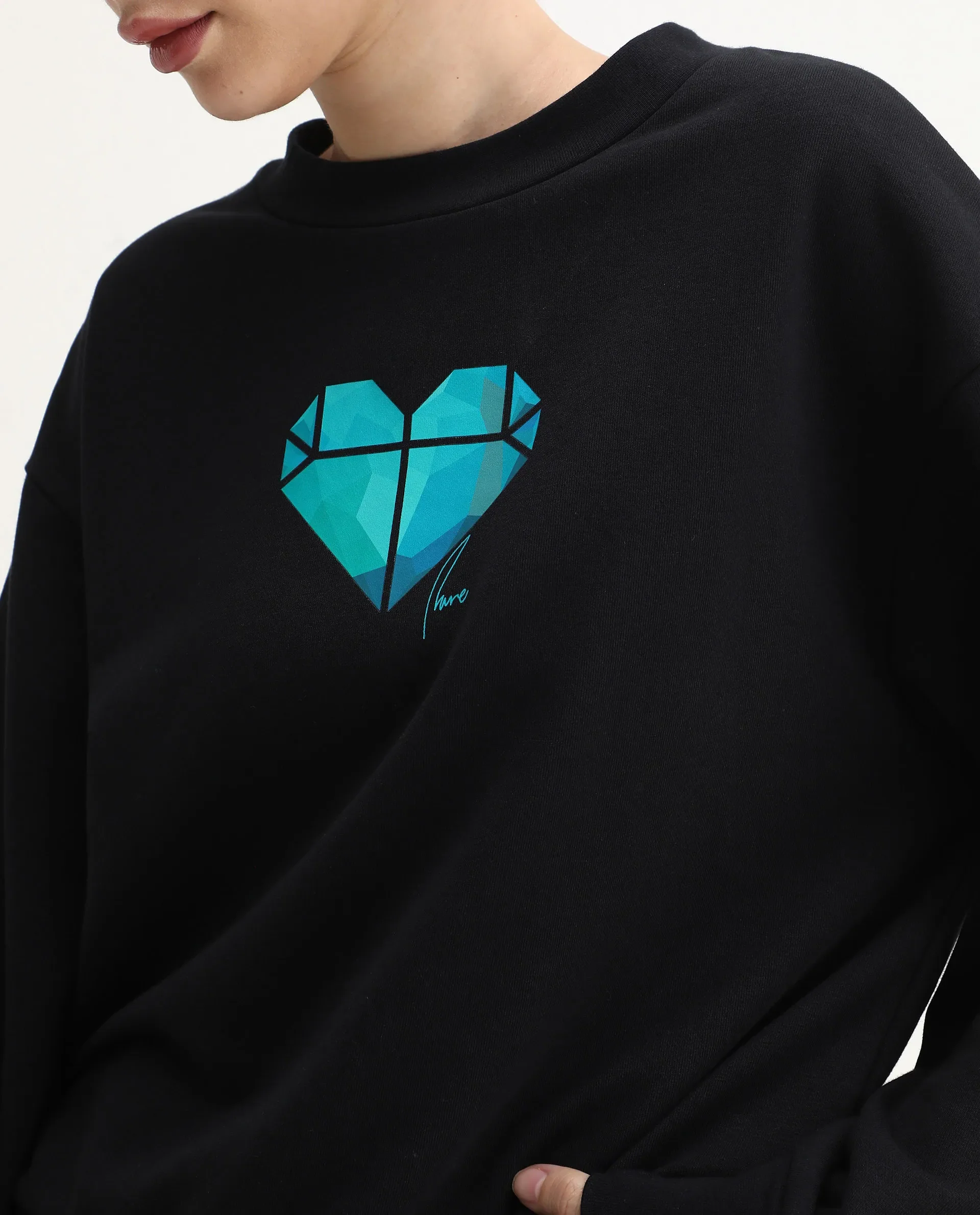 Rareism Women's Vaq Black Cotton Blend Fabric Crew Neck Relaxed Fit Graphic Print Sweatshirt - Image 4