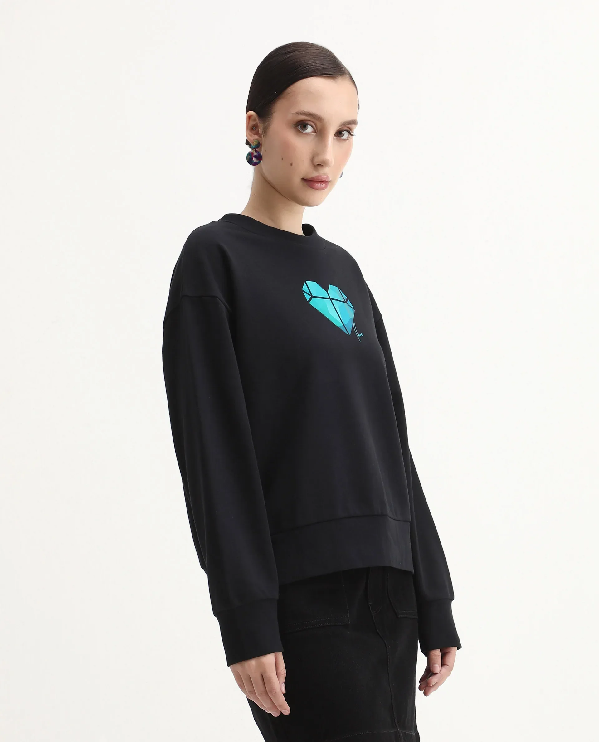 Rareism Women's Vaq Black Cotton Blend Fabric Crew Neck Relaxed Fit Graphic Print Sweatshirt - Image 5