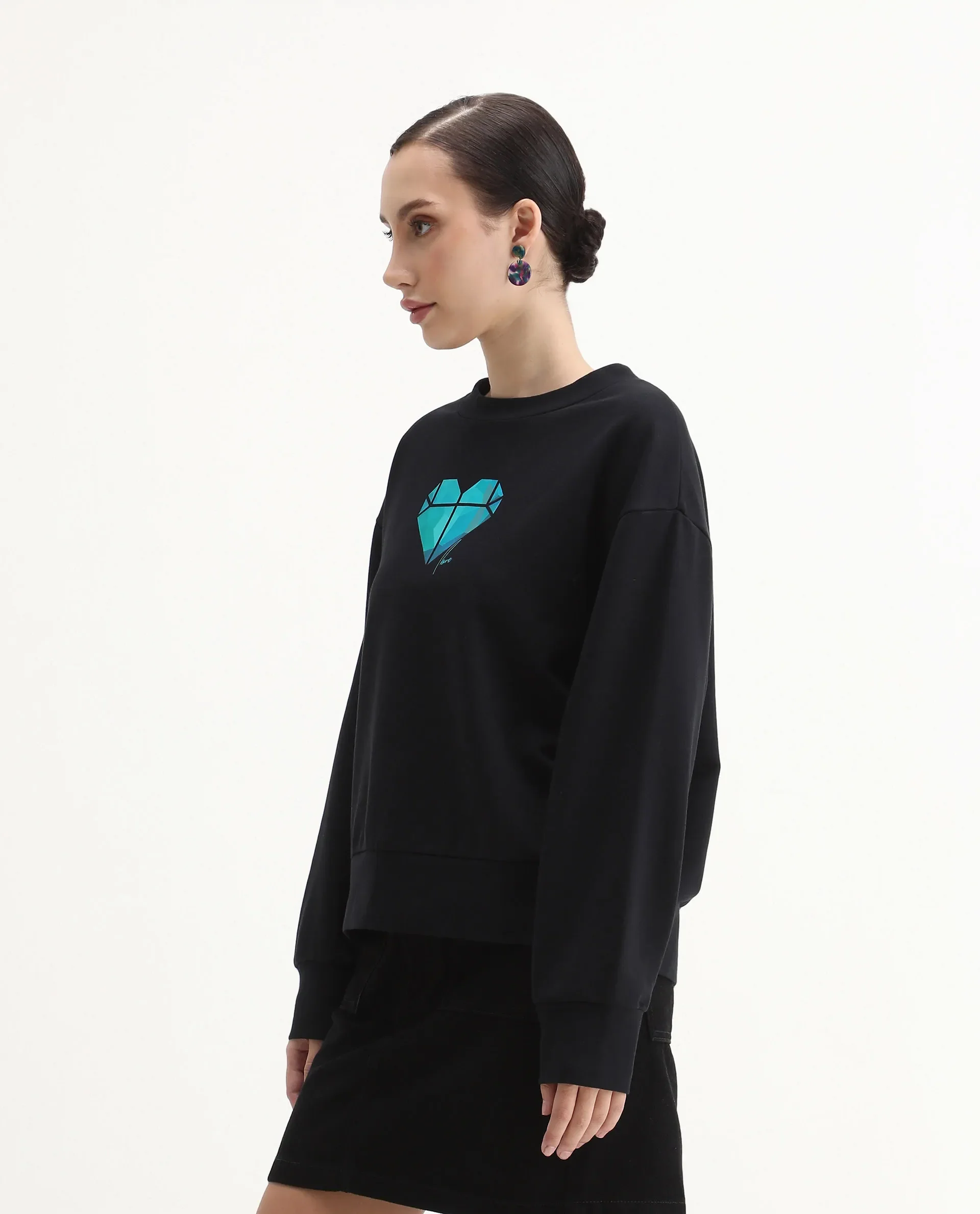 Rareism Women's Vaq Black Cotton Blend Fabric Crew Neck Relaxed Fit Graphic Print Sweatshirt - Image 6