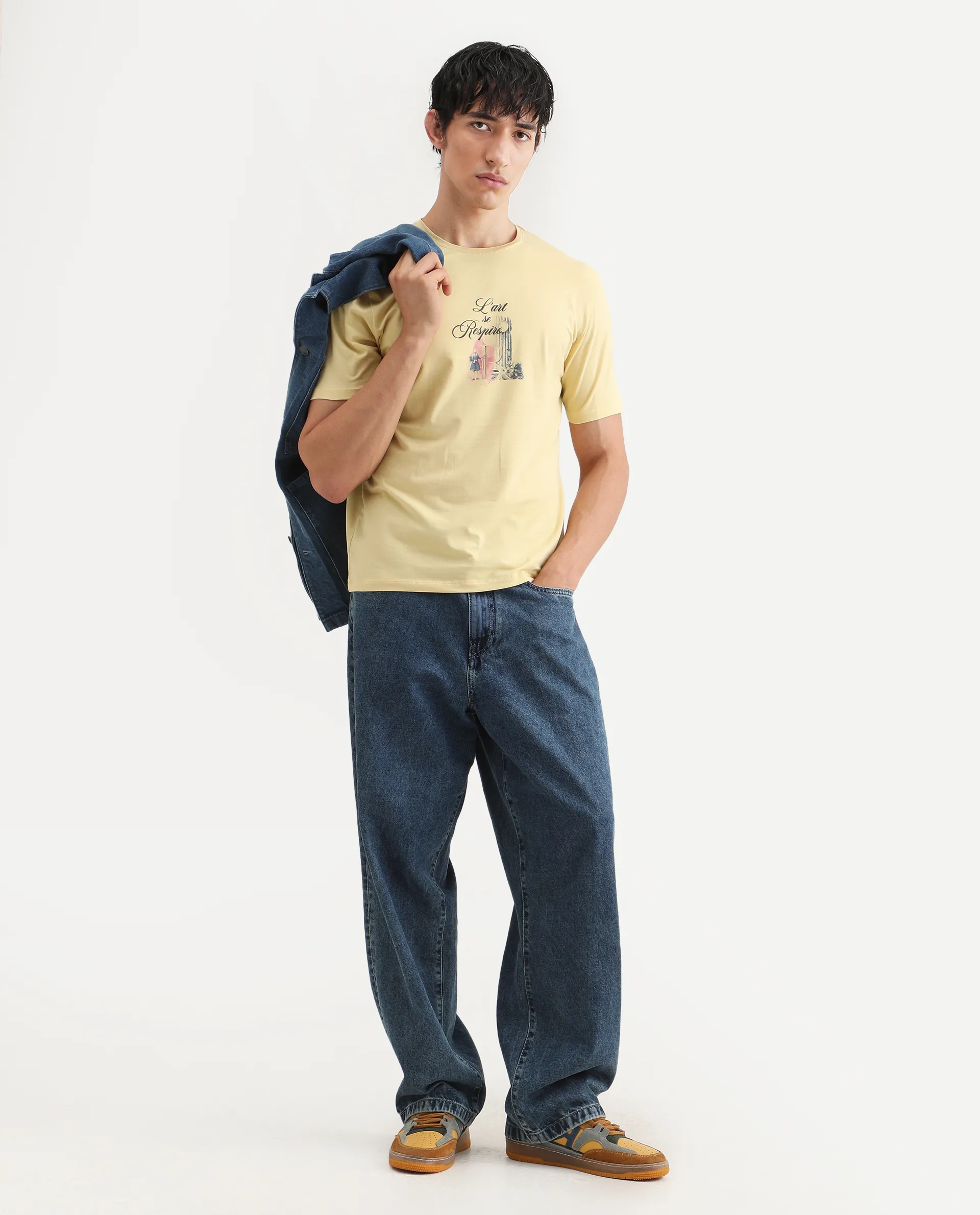Rare Rabbit Men's Var Yellow Cotton Graphic Print Regular Fit Half Sleeve Crew Neck T-Shirt - Image 2