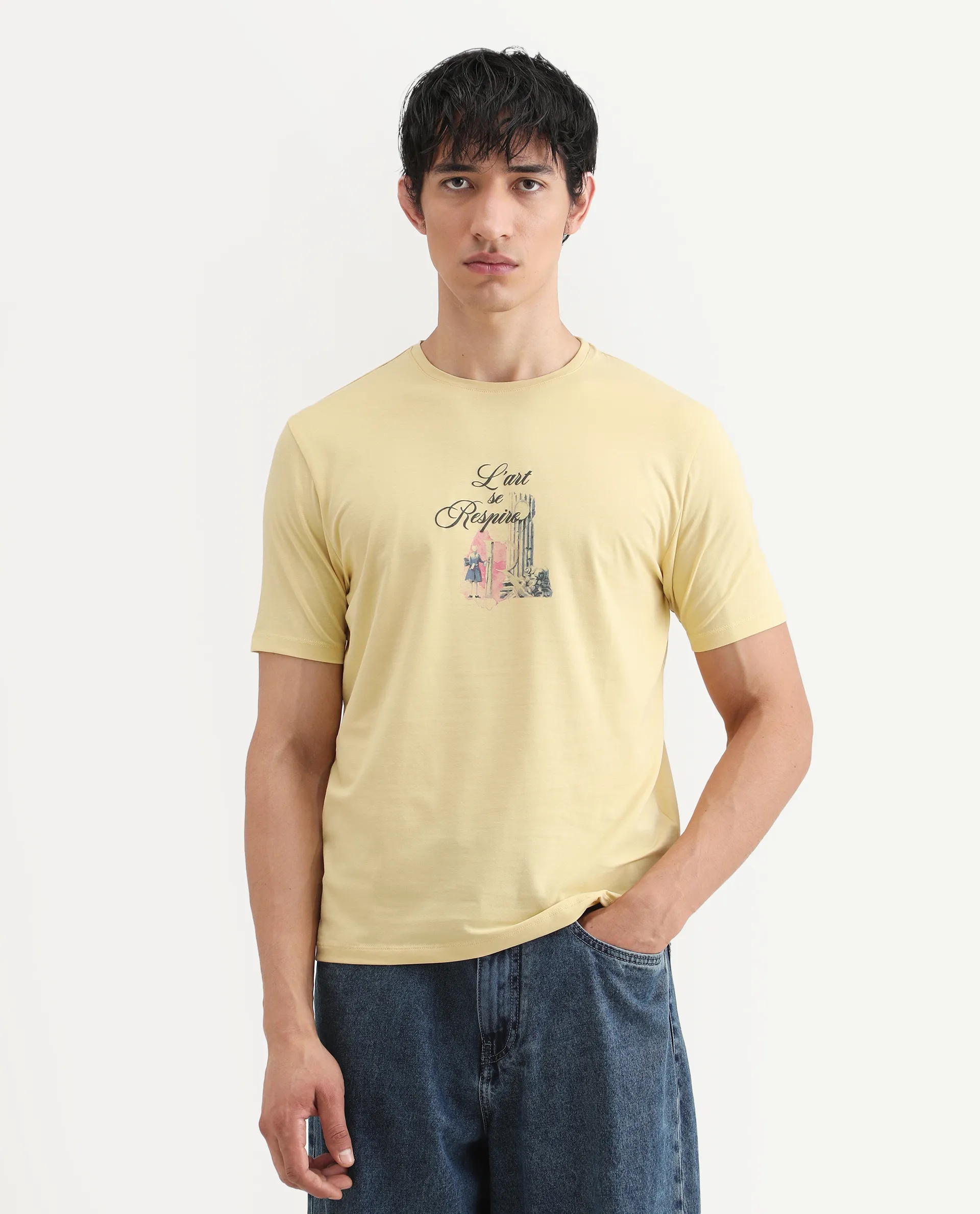 Rare Rabbit Men's Var Yellow Cotton Graphic Print Regular Fit Half Sleeve Crew Neck T-Shirt - Image 3