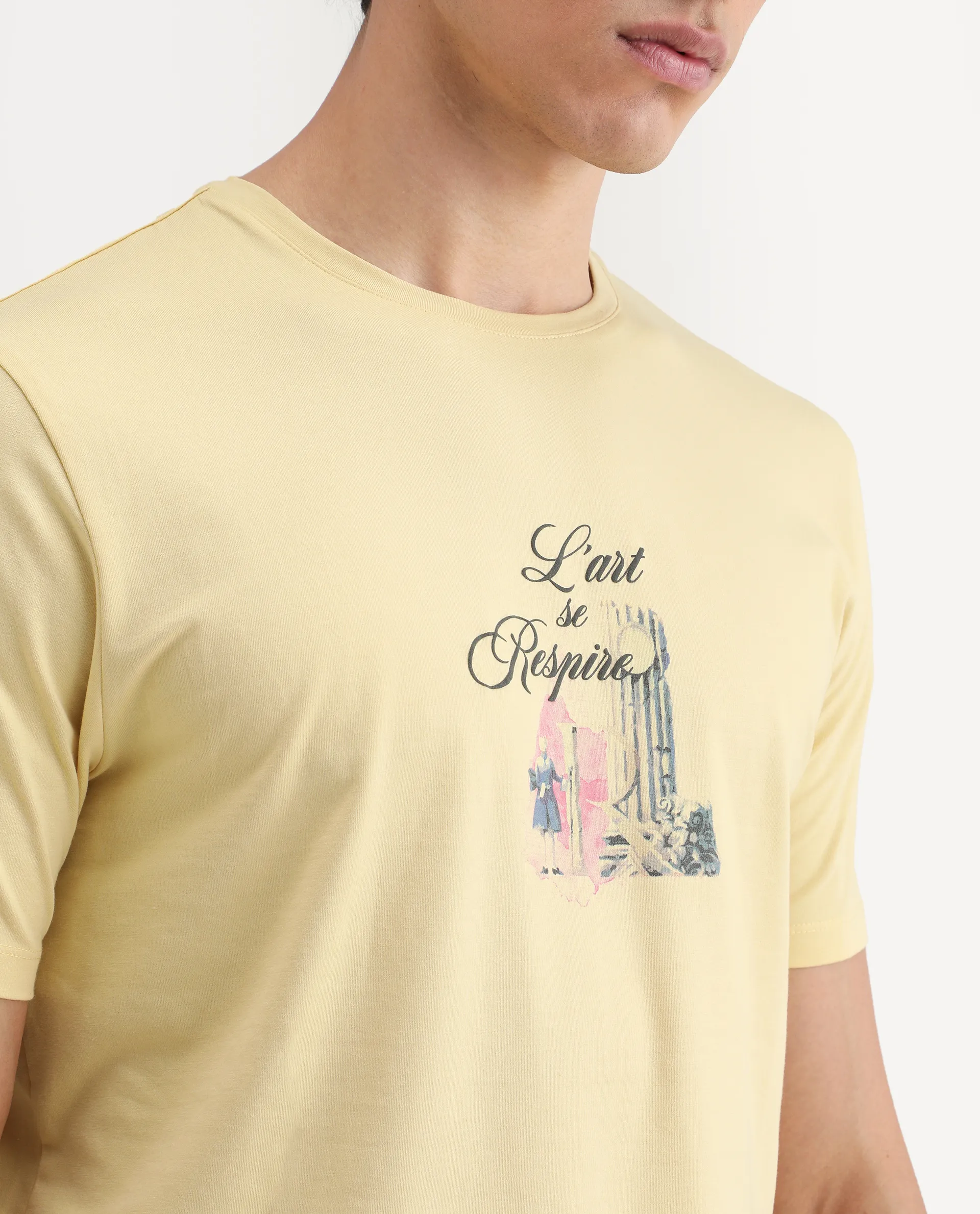 Rare Rabbit Men's Var Yellow Cotton Graphic Print Regular Fit Half Sleeve Crew Neck T-Shirt - Image 4
