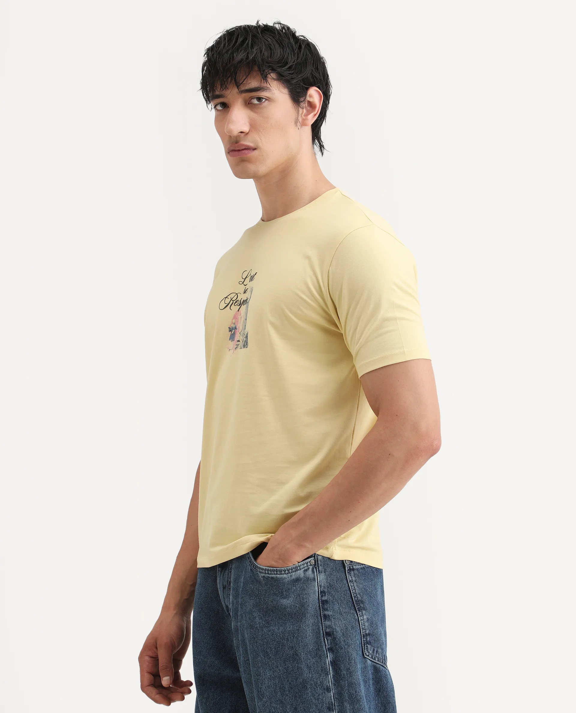 Rare Rabbit Men's Var Yellow Cotton Graphic Print Regular Fit Half Sleeve Crew Neck T-Shirt - Image 5