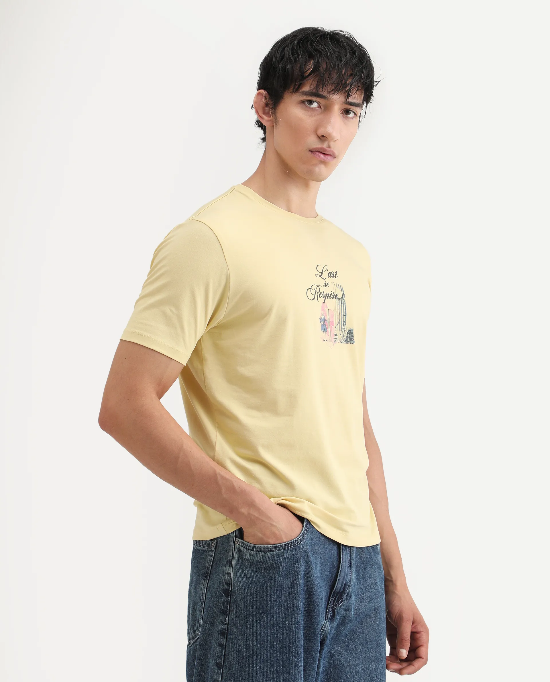 Rare Rabbit Men's Var Yellow Cotton Graphic Print Regular Fit Half Sleeve Crew Neck T-Shirt - Image 6