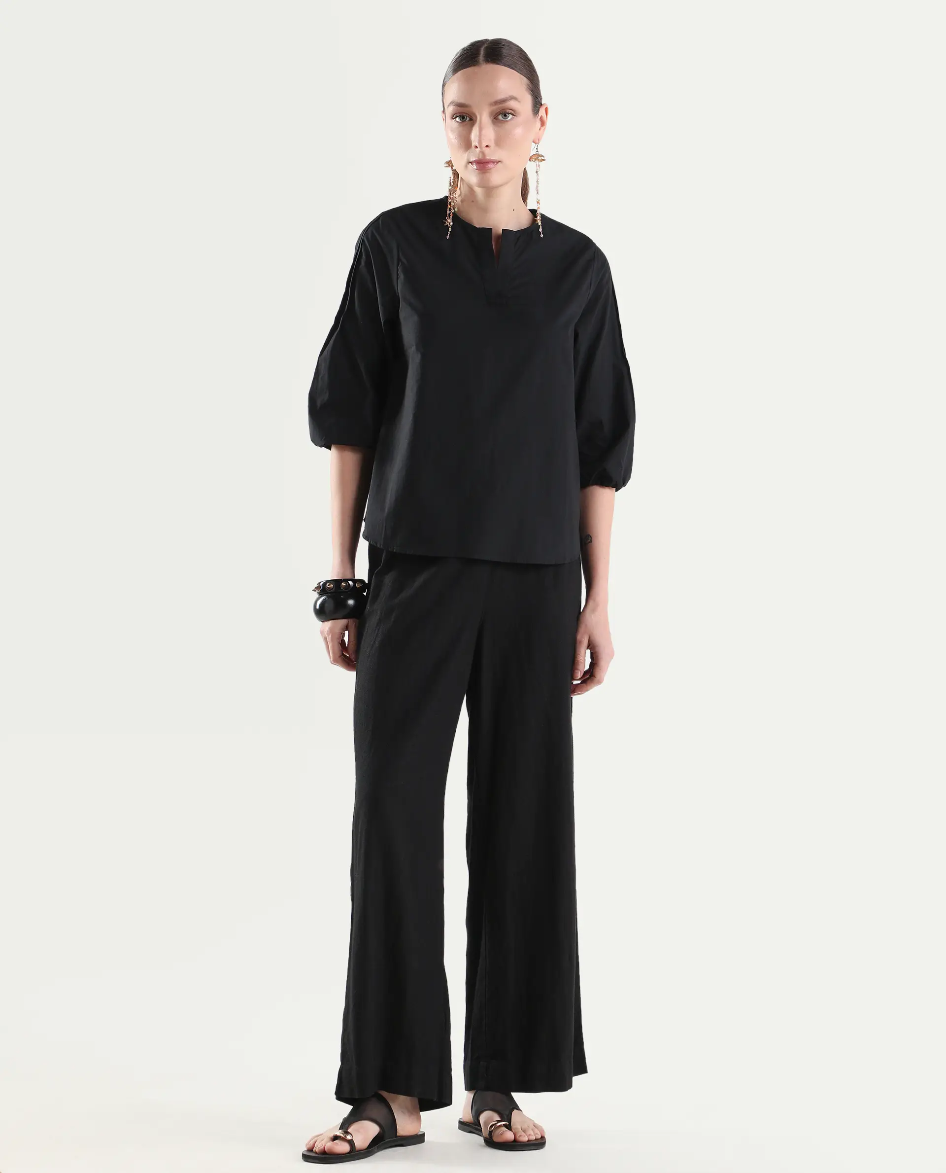 Rareism Women's Varek Black Cotton 3/4Th Sleeve Relaxed Fit Plain Top - Image 2