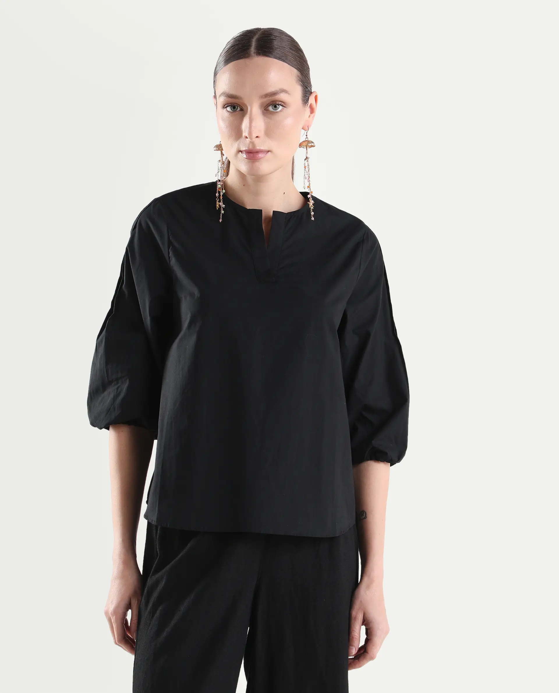 Rareism Women's Varek Black Cotton 3/4Th Sleeve Relaxed Fit Plain Top - Image 3
