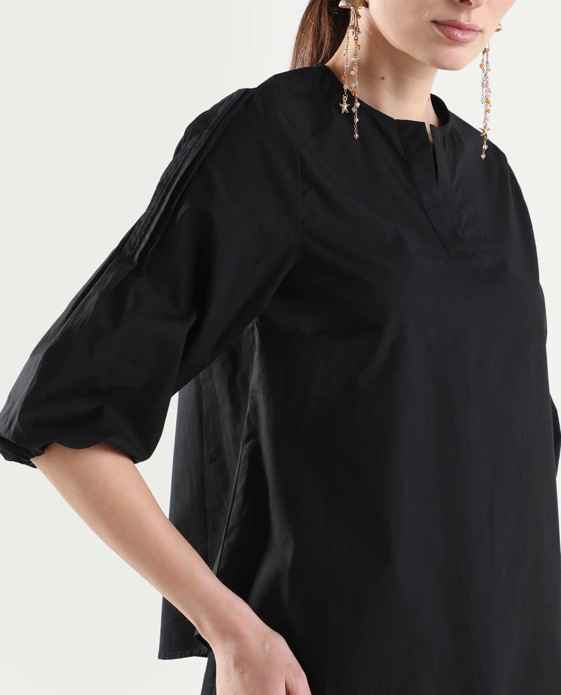 Rareism Women's Varek Black Cotton 3/4Th Sleeve Relaxed Fit Plain Top - Image 4