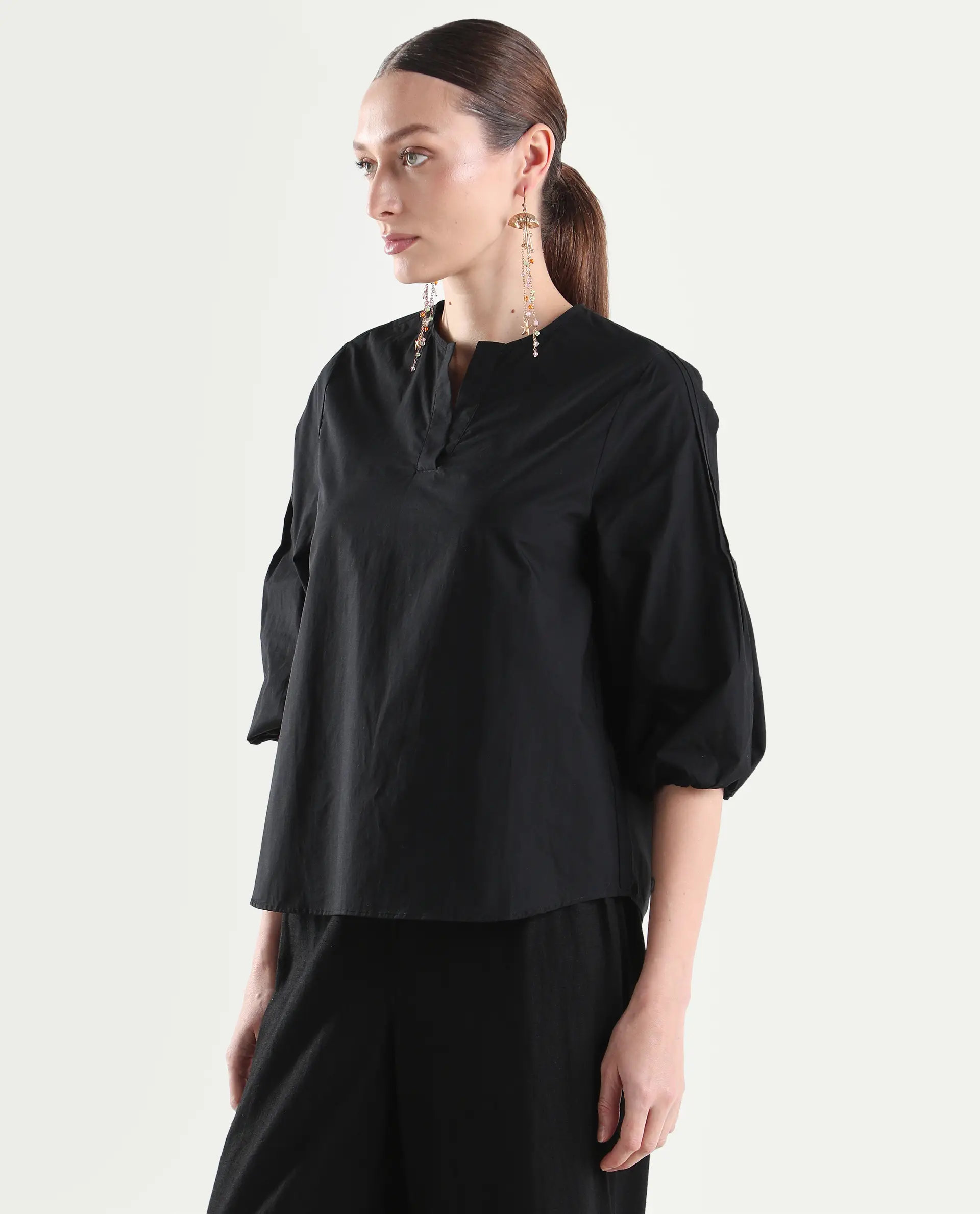 Rareism Women's Varek Black Cotton 3/4Th Sleeve Relaxed Fit Plain Top - Image 5
