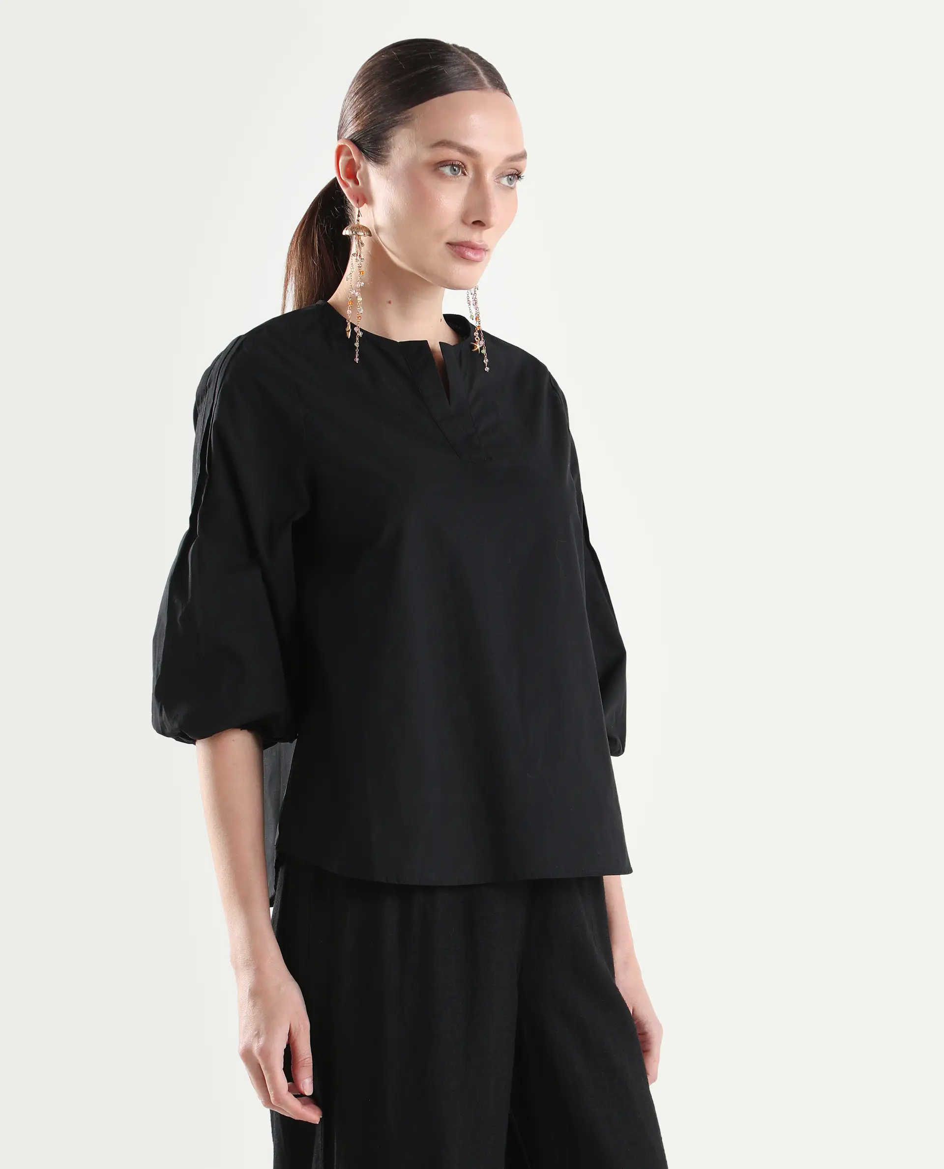 Rareism Women's Varek Black Cotton 3/4Th Sleeve Relaxed Fit Plain Top - Image 6
