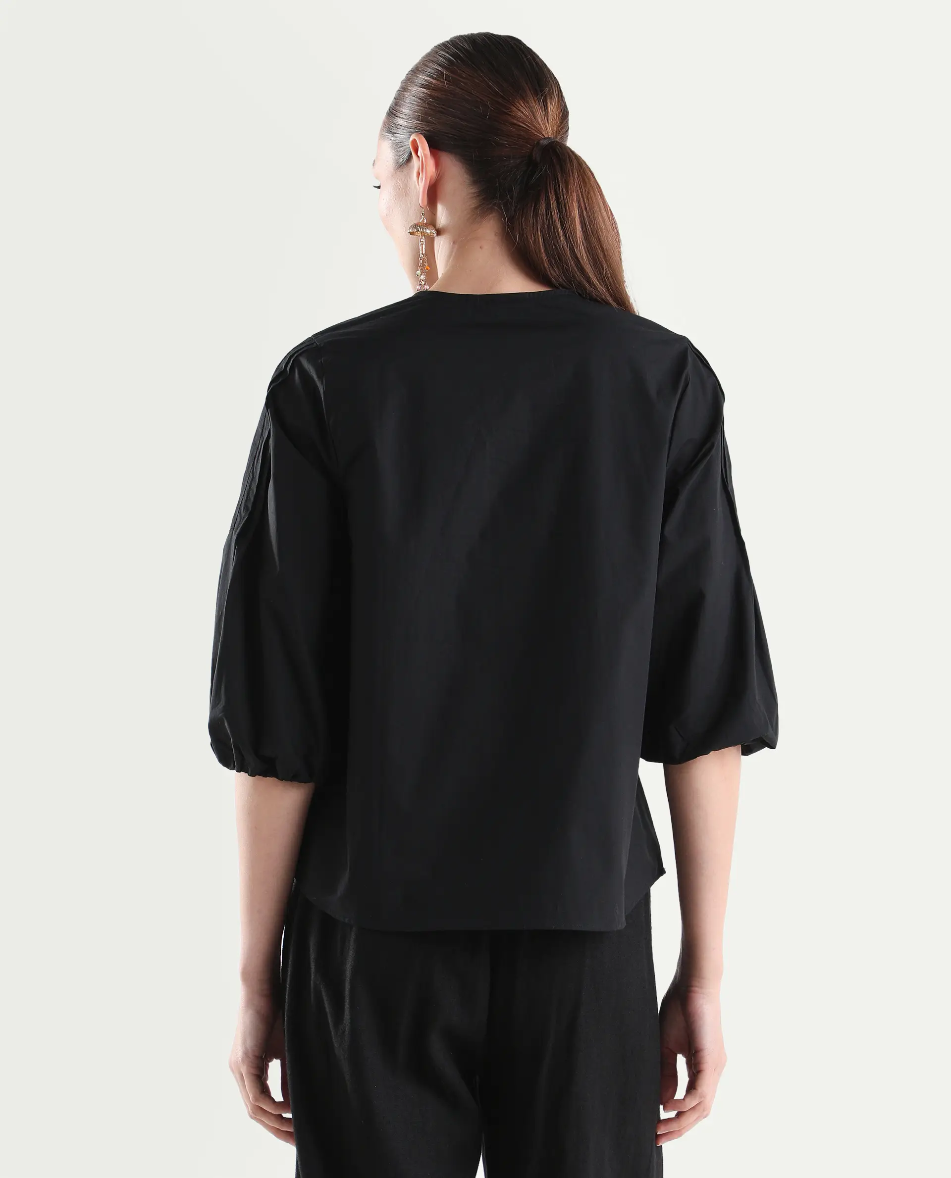 Rareism Women's Varek Black Cotton 3/4Th Sleeve Relaxed Fit Plain Top - Image 7