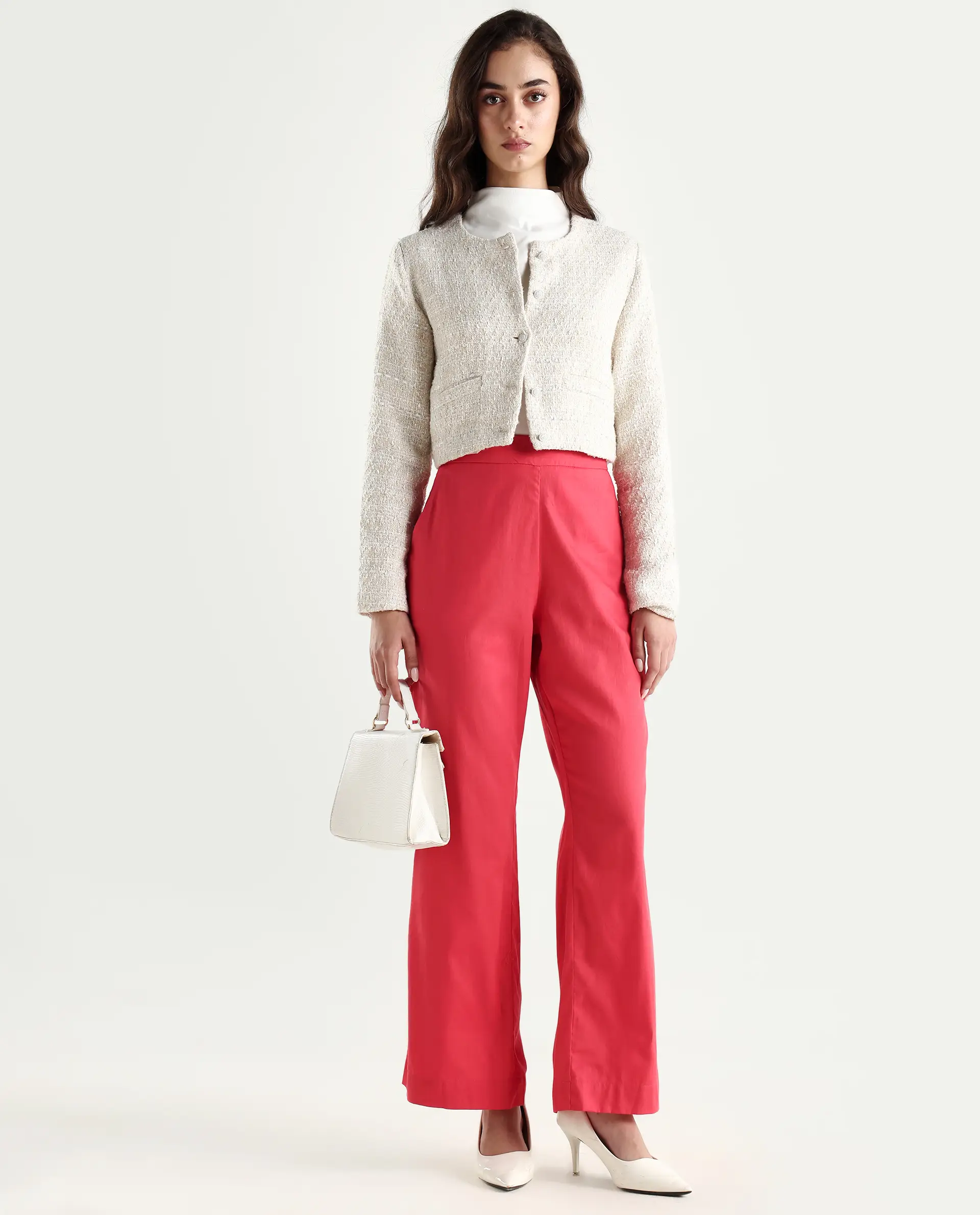 Rareism Women's Varese Light Orange Cotton Blend Plain Ankle Length Wide Leg Trouser