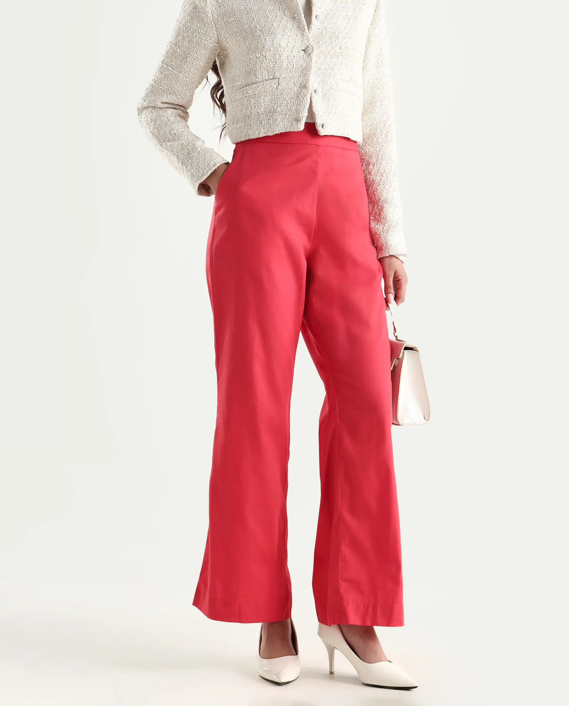 Rareism Women's Varese Light Orange Cotton Blend Plain Ankle Length Wide Leg Trouser - Image 2